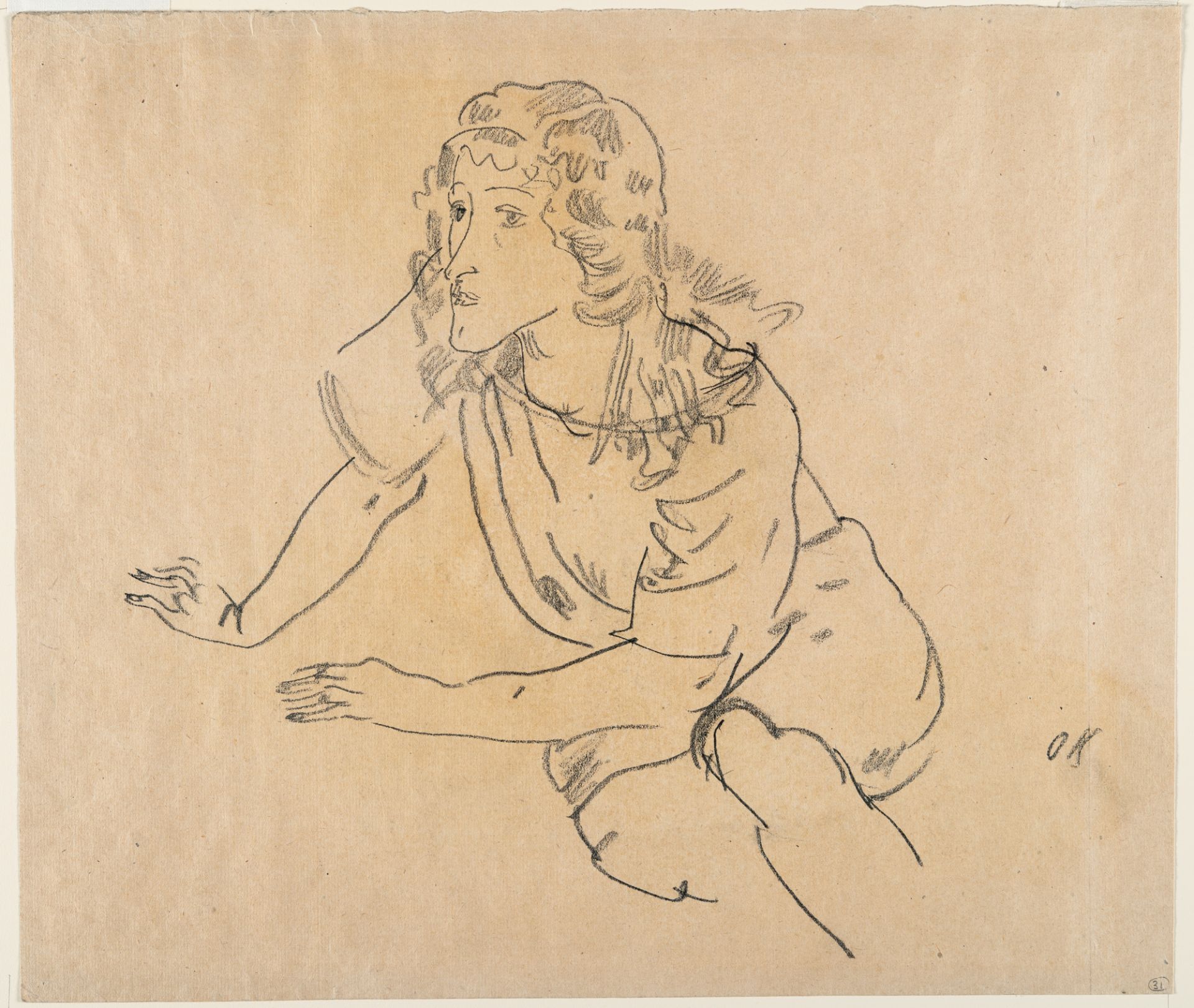 Oskar Kokoschka, Seated woman, resting on her hands.Chalk on brownish wove. (1913). Ca. 31.5 cm x - Image 2 of 3