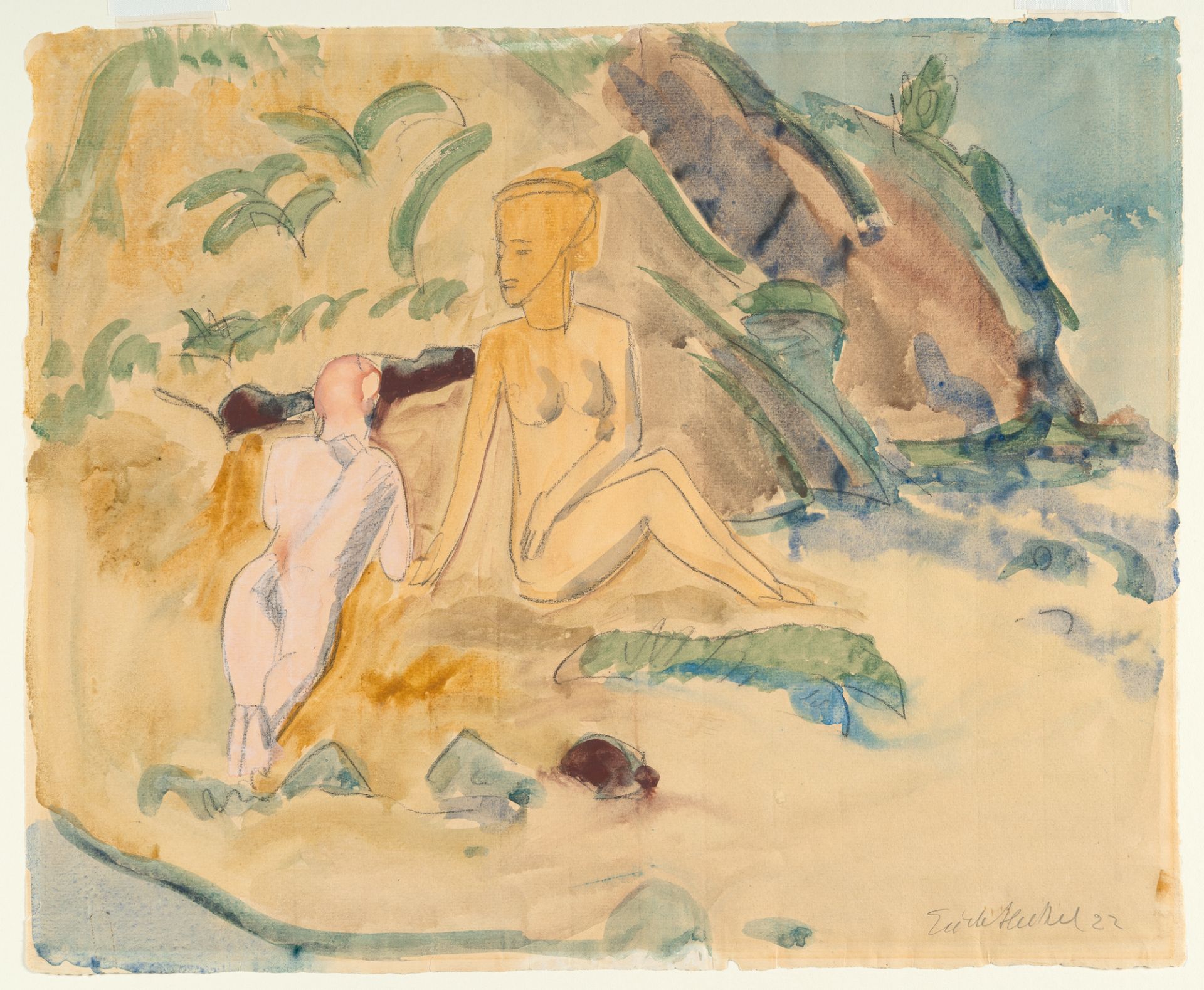 Erich Heckel, Two nudes at the beach (Seated and lying nudes on the beach).Watercolour, gouache - Image 2 of 3