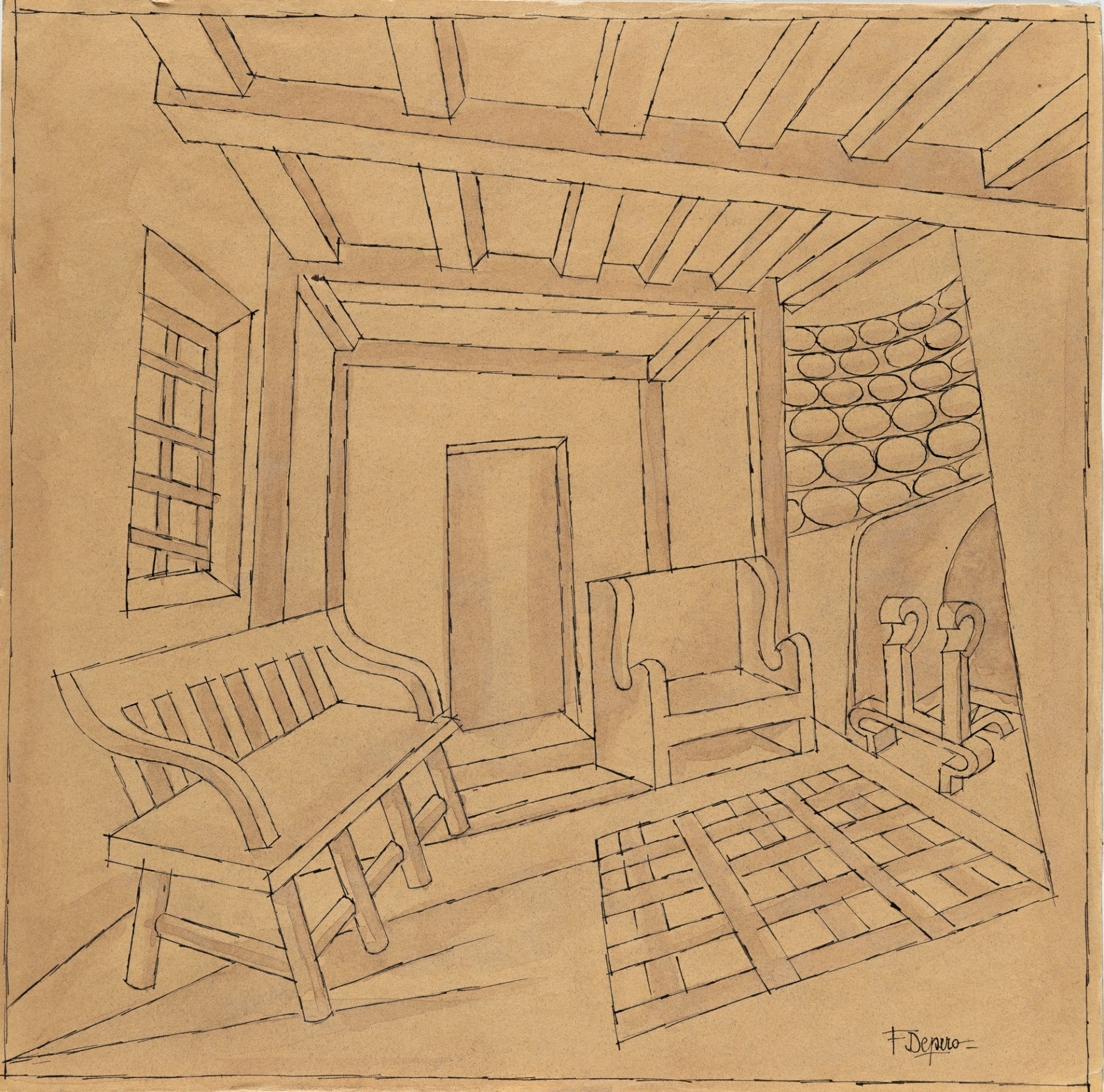 Fortunato Depero, Interno.Indian ink and watercolour on brownish wove. (Ca. 1940). Ca. 34 x 34 cm.