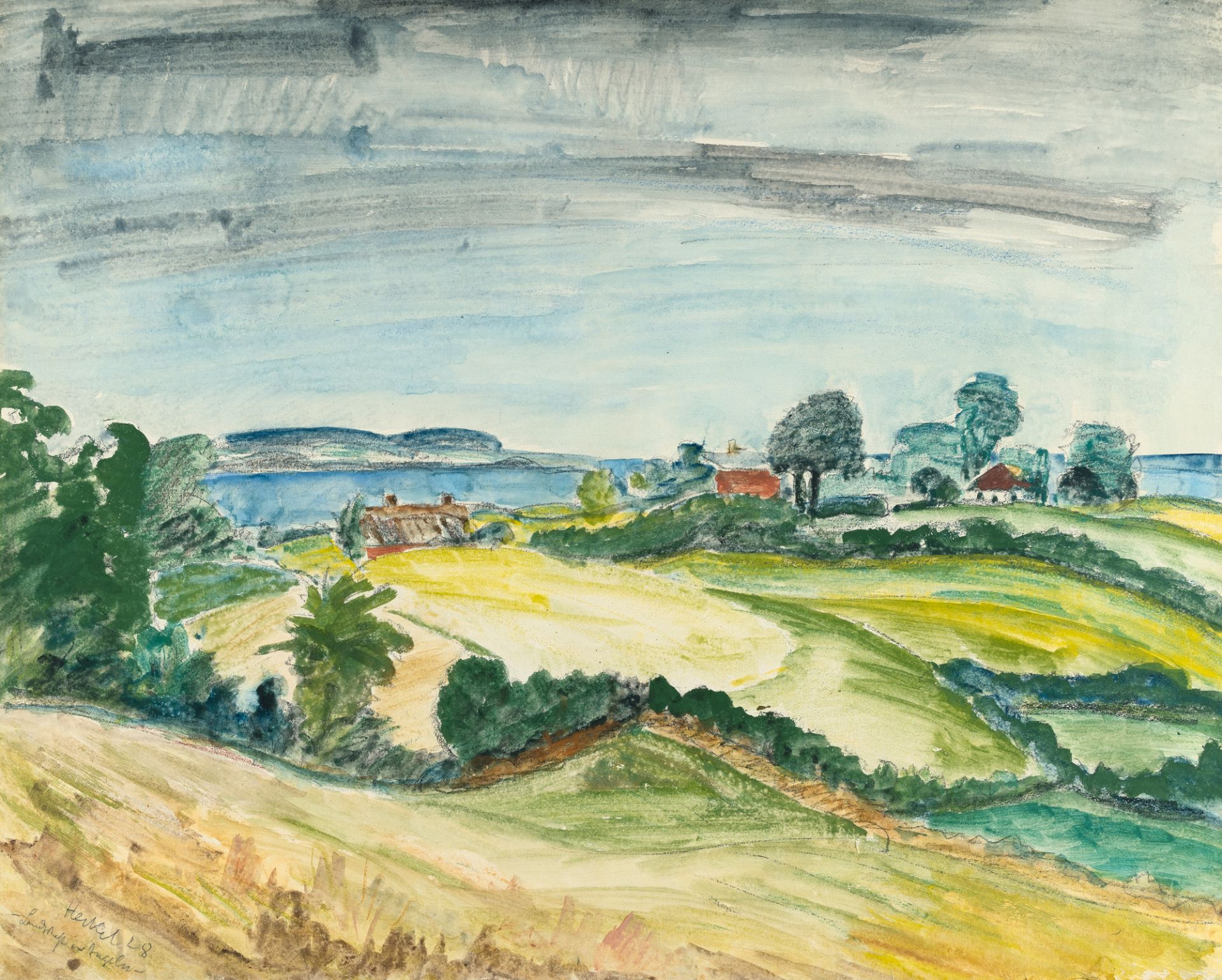 Erich Heckel, „Landschaft in Angeln“ (Landscape in Angeln).Watercolour, gouache and chalk on laid