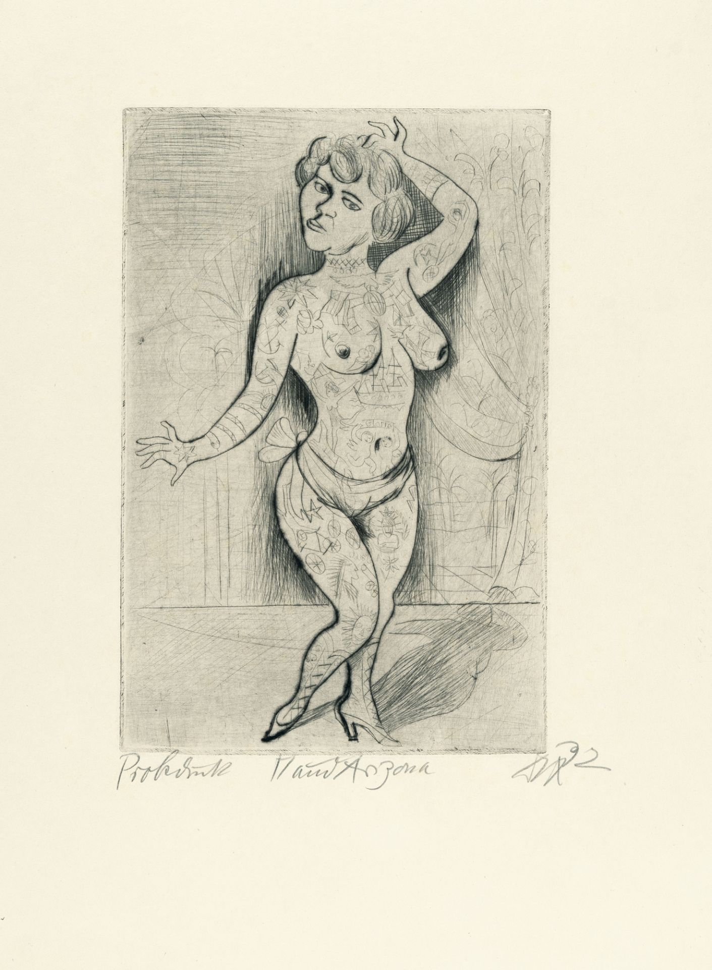 Otto Dix, „Maud Arizona“ (Suleika, the tattooed wonder).Etching on heavy wove paper. (19)22. Ca.