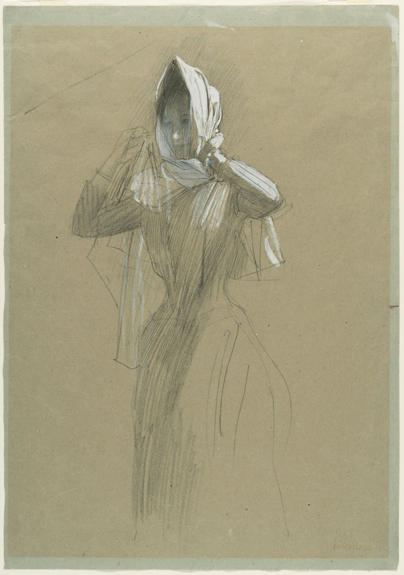 Gustav Klimt, Young woman standing, tying a headscarf.Black chalk, highlighted in white, on - Image 2 of 3