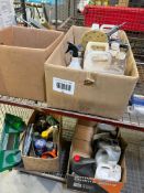 2: Pneumatic sanding tools and and 4x boxes of various vehicle repair fluids and parts