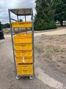 Wheeled 9-Slot Bread Tray Frame with Yellow Plastic Bakery Boxes - Located at Hyde Home Farm, The