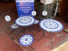 Set of 2: Mosaic Style Garden Tables & 4: Folding Mosaic Style Outdoor Chairs. Located at Unit 1