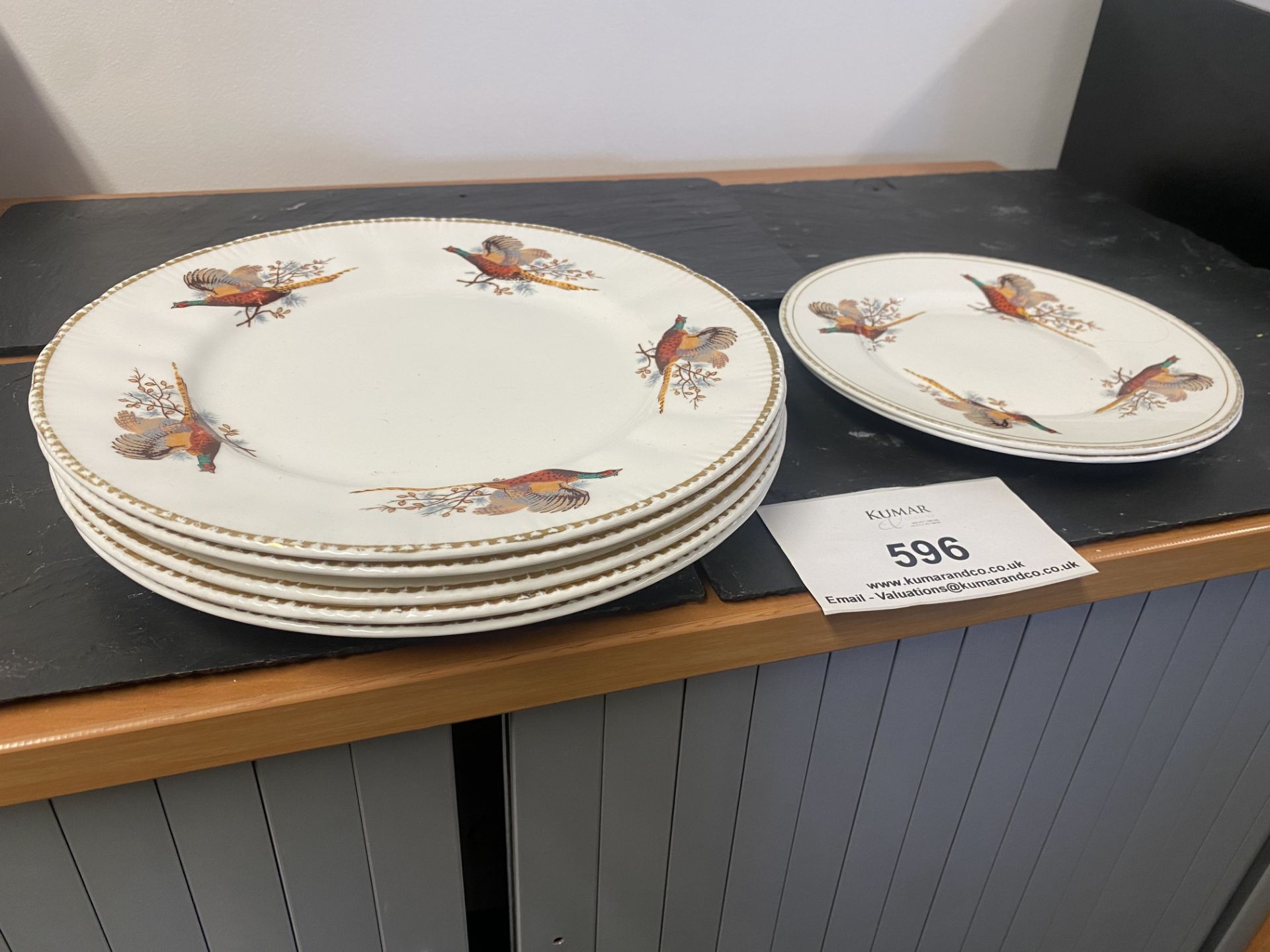 Set of 5 Sheridan Fine Bone China Flying Pheasant 10.5" Dinner Plates and 2 Matching 8" Side Plates. - Image 3 of 3