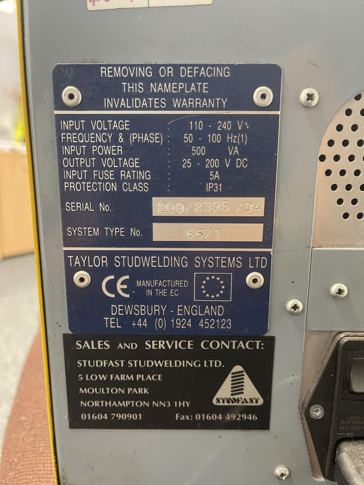 Studfast 66/1 T-Arc Stud Welder, Serial No: 200/2396/04. Located at Unit 1 Walsall WS2 8AU. - Image 10 of 13