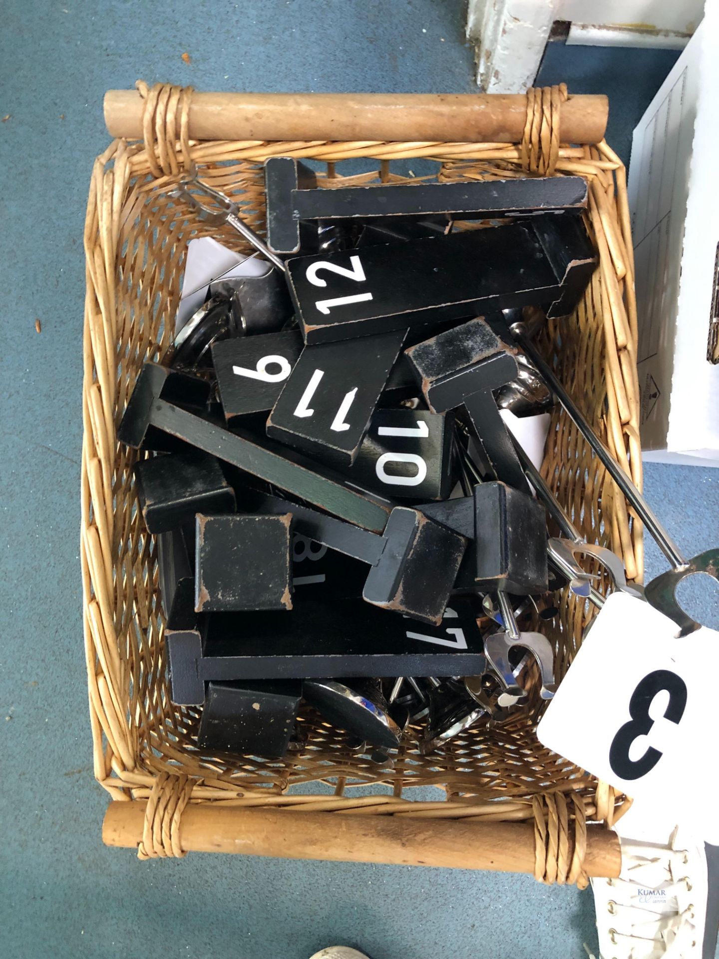 various table numbers - wooden plinth Metal number holders + number cards - Please note this Lot