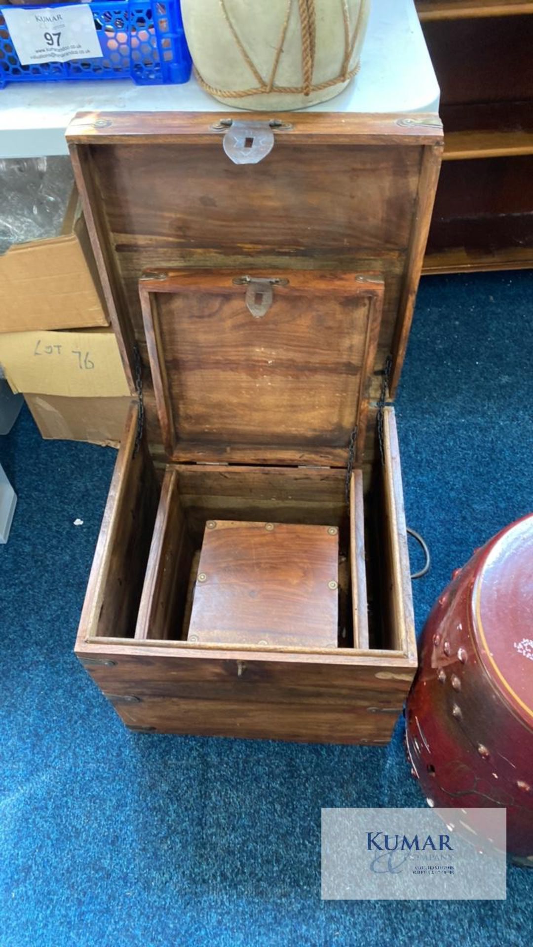 Set of Wooden Storage Boxes & Wooden Shelves & Ceramic Oriental Stool - Image 7 of 9