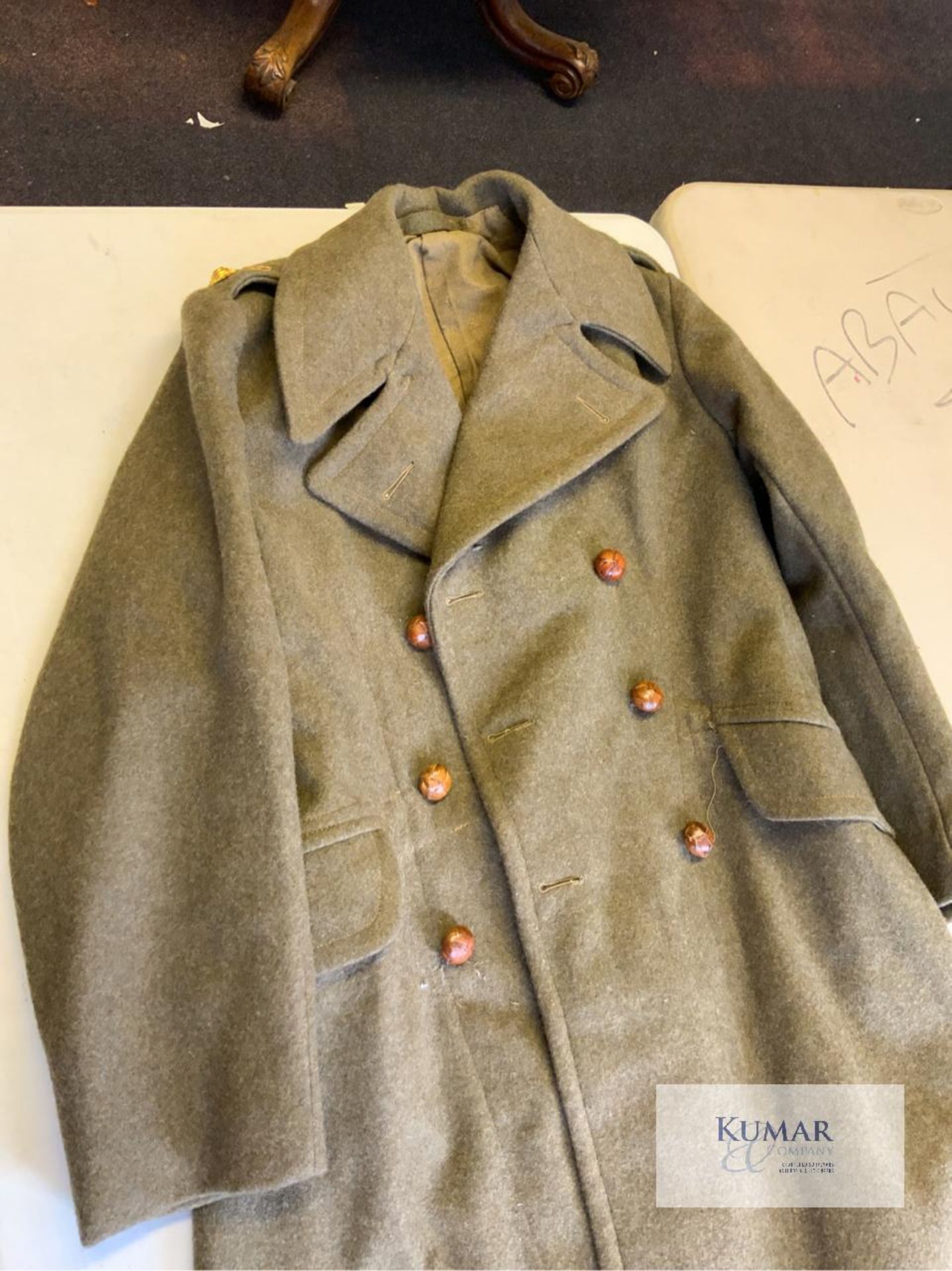 Great Coats Dismounted 1940 Size No.8 Military Style Overcoat with Metal Helmet, Fire Guard Emblem & - Image 9 of 14