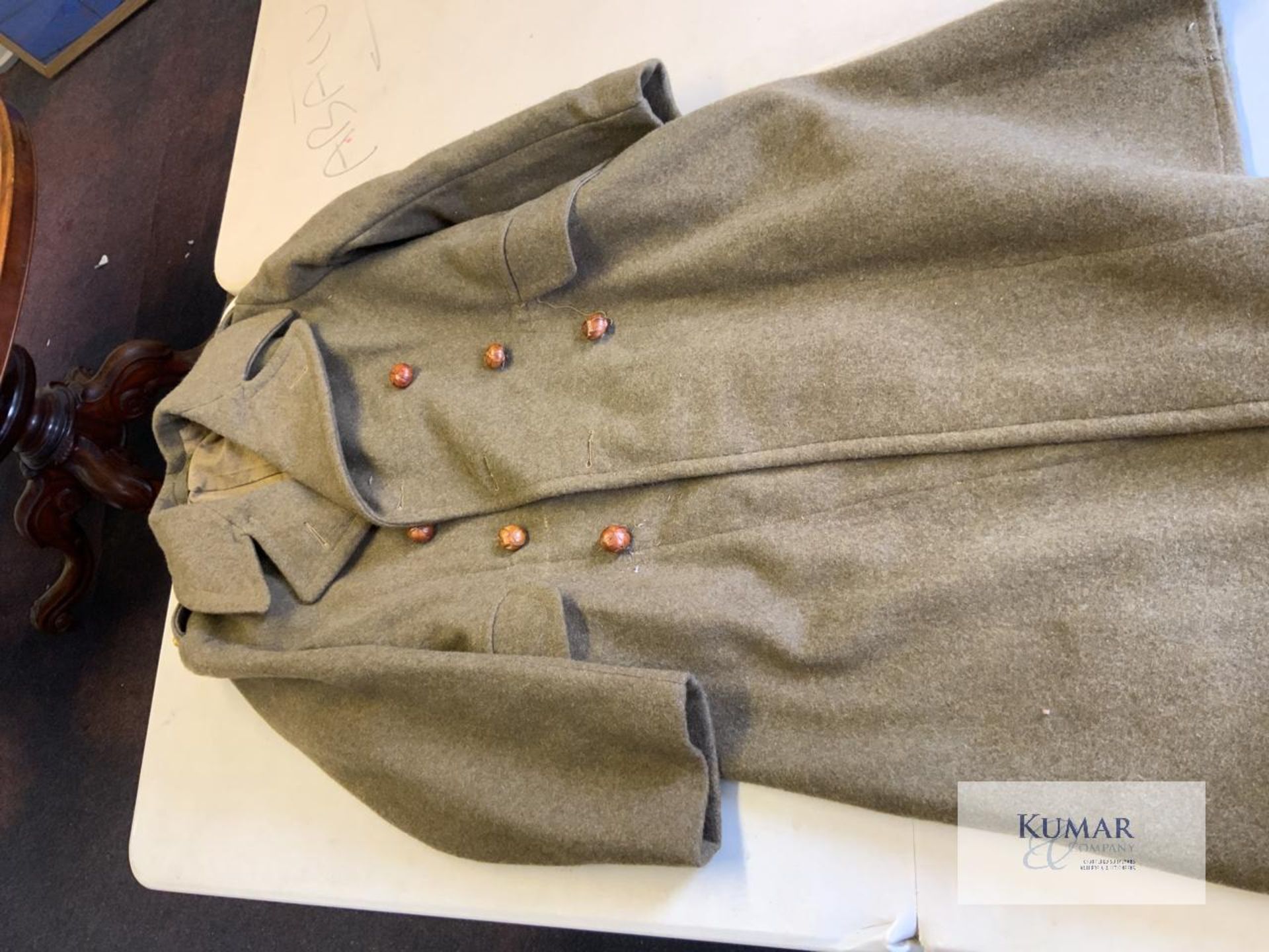 Great Coats Dismounted 1940 Size No.8 Military Style Overcoat with Metal Helmet, Fire Guard Emblem & - Image 7 of 14