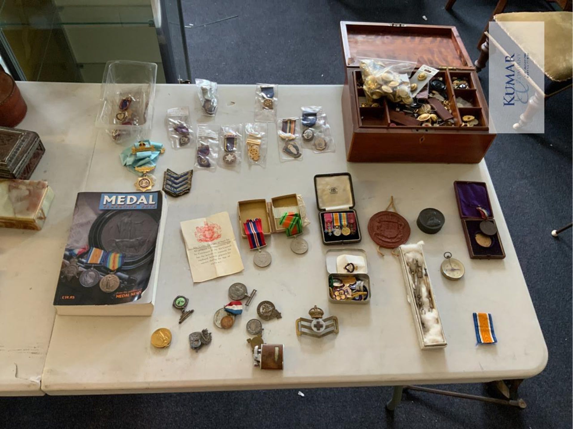 Mixed Lot of Service & Military Medals, Medal Year Book, Vintage Buttons, Wooden Jewellery Box