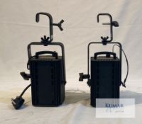 Pair of CCT Minuette Fresnel (300/500/650W) w/hook clamps, safety bonds, spare lamps Description: