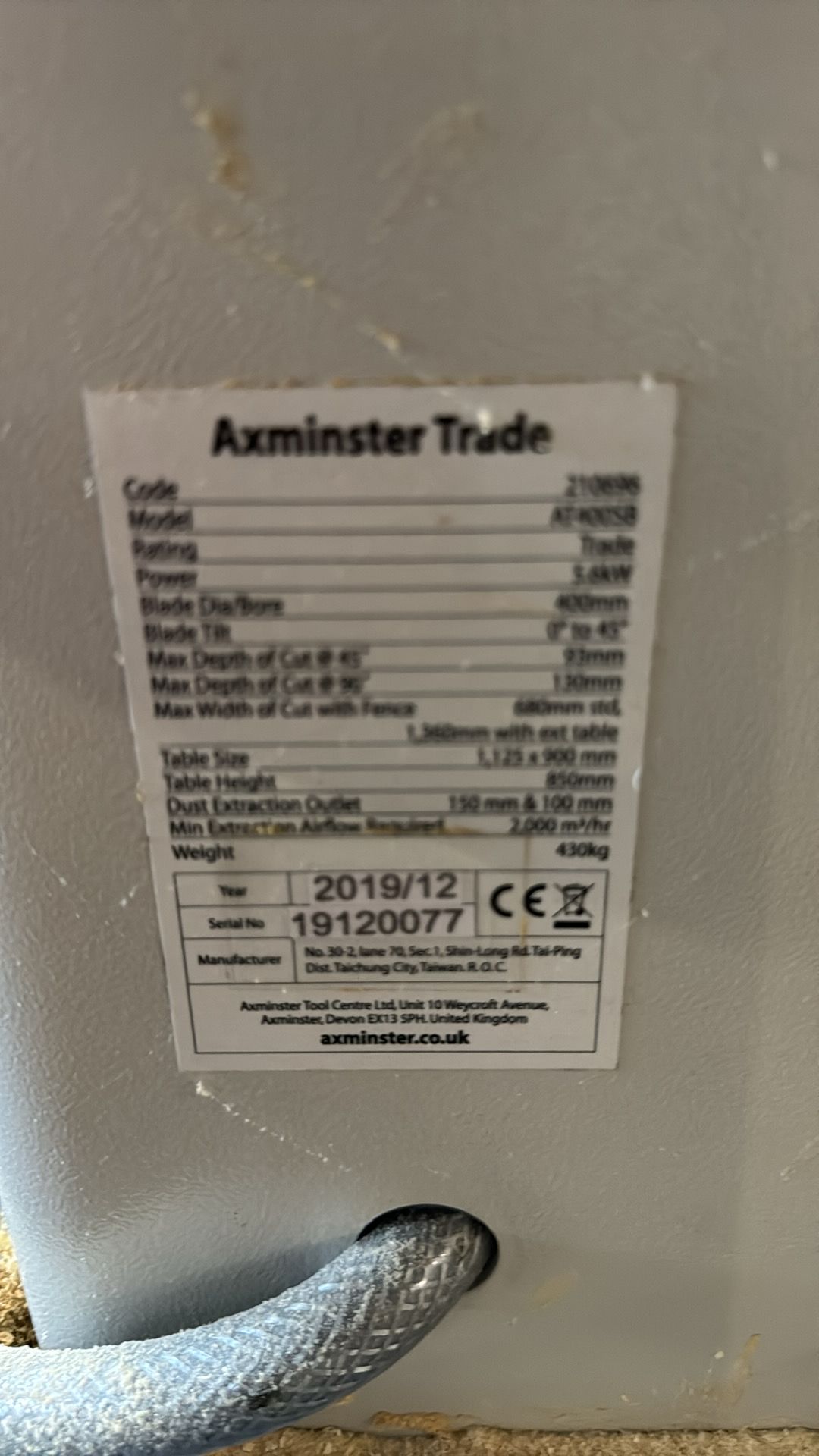 Axminster Trade Model AT400SB Table Saw, Serial No. 19120077, (12/2019) - Image 8 of 18