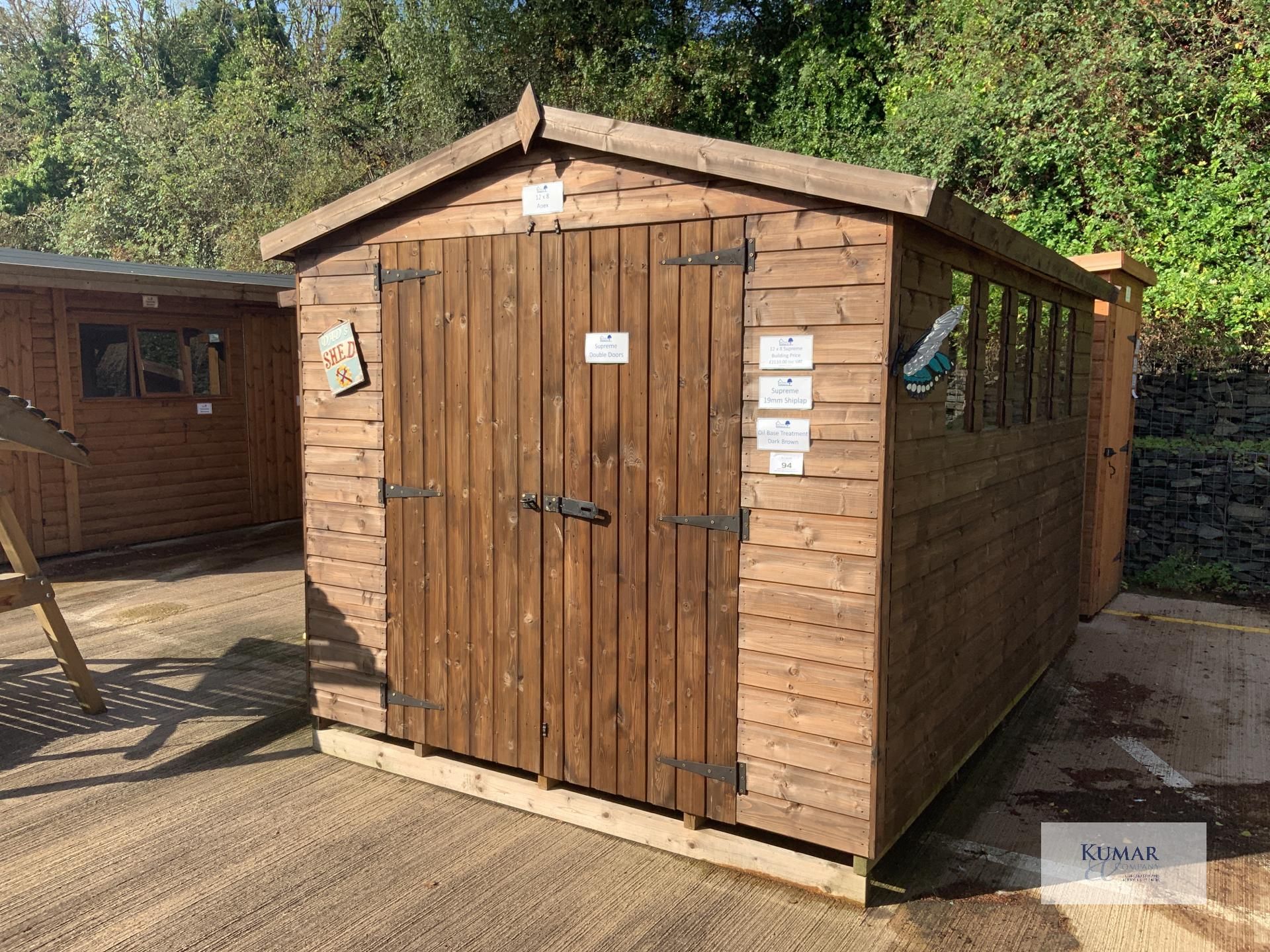 12 x 8 Apex Supreme Garden Shed with Windows, Supreme 19mm Shiplap, Oil Base Treatment Dark Brown, - Image 2 of 14