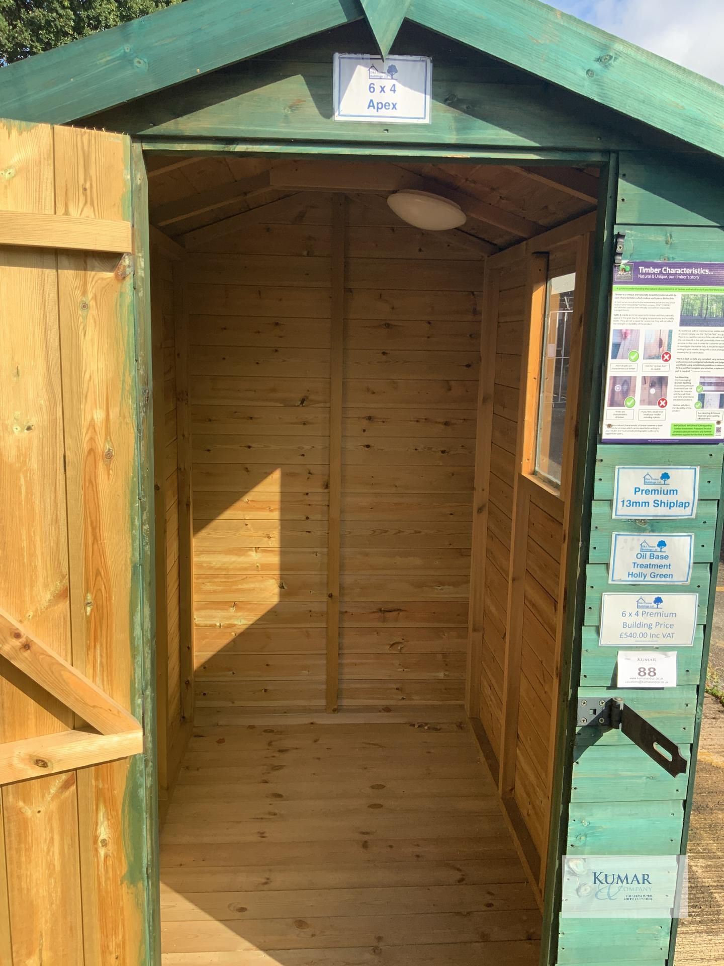 6 x 4 Apex Premium Shed, 13mm Premium ShipLap, Oil Base Treatment Holly Green, RRP - £540 - - Image 8 of 10