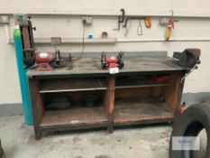 Fabricated Work Bench with 2: Sealey Bench Grinders one with Linisher Belt & Heavy Duty Vice
