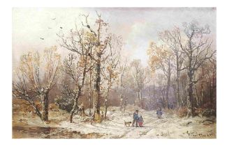 Adolf Stademann (1824 München - 1895 ebenda), Winterlicher Laubwald mit Spaziergängern