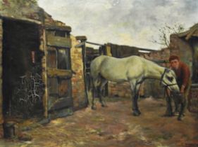 S. Breunig, Junge mit Pferd vor einem Stall