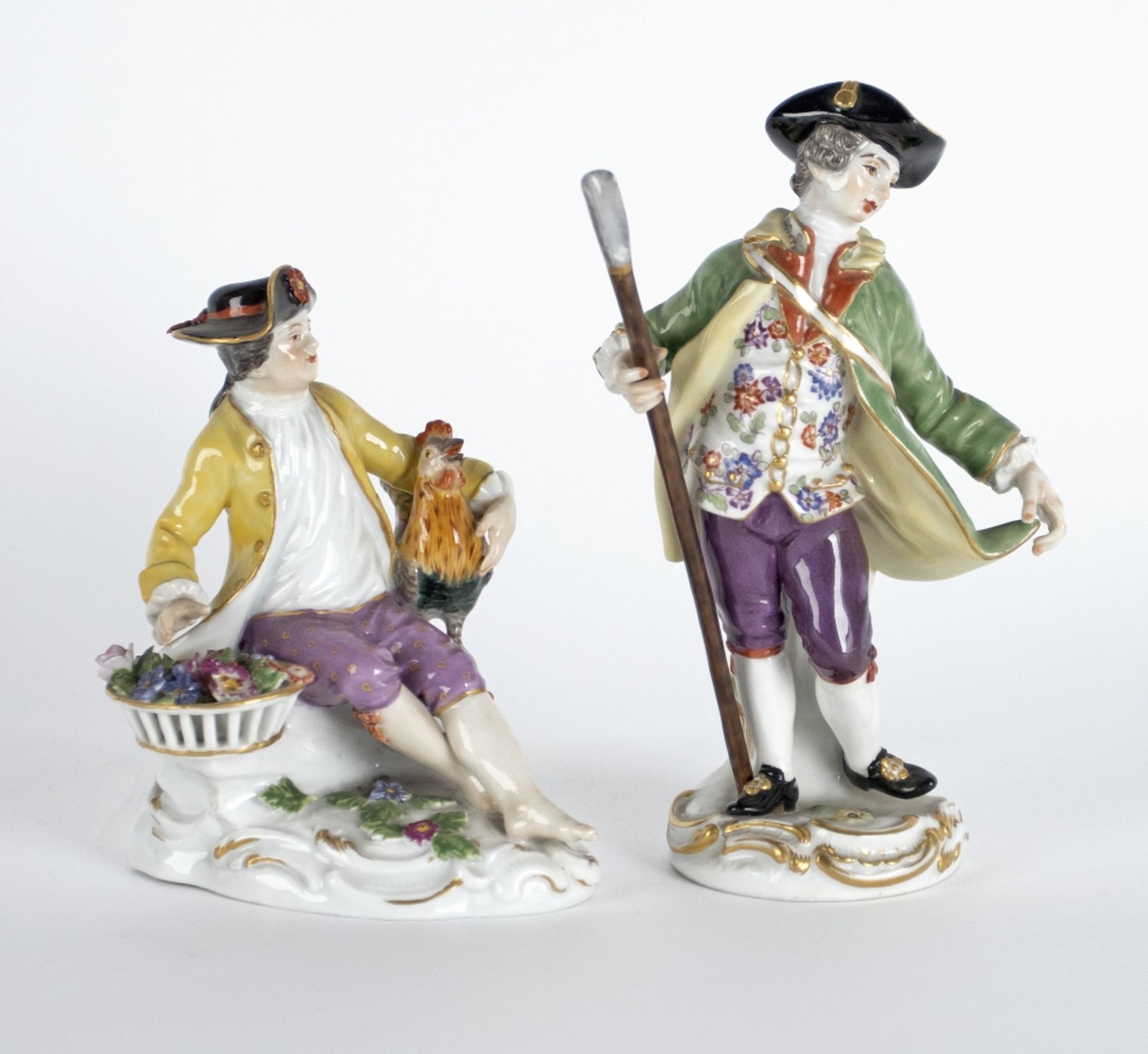 Meissen:  Gärtner mit Hahn/Eleganter Herr mit Stab