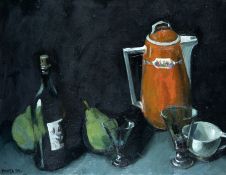 Feinstein, Pavel:  Stilleben mit Flasche, Gläsern, Kanne und Früchten