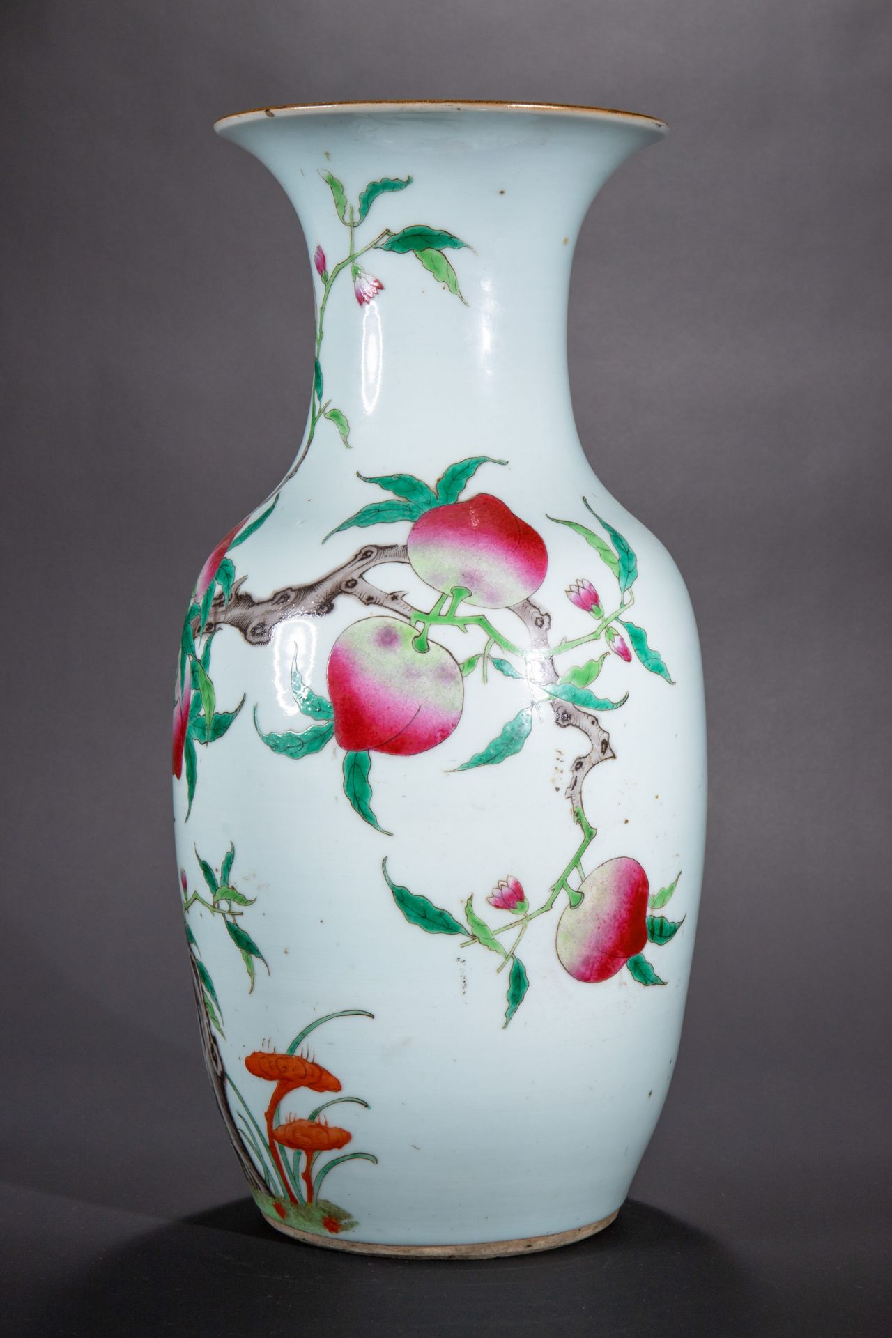 Famille Rose Vase with nine peaches and Lingzhi mushrooms - Image 6 of 10
