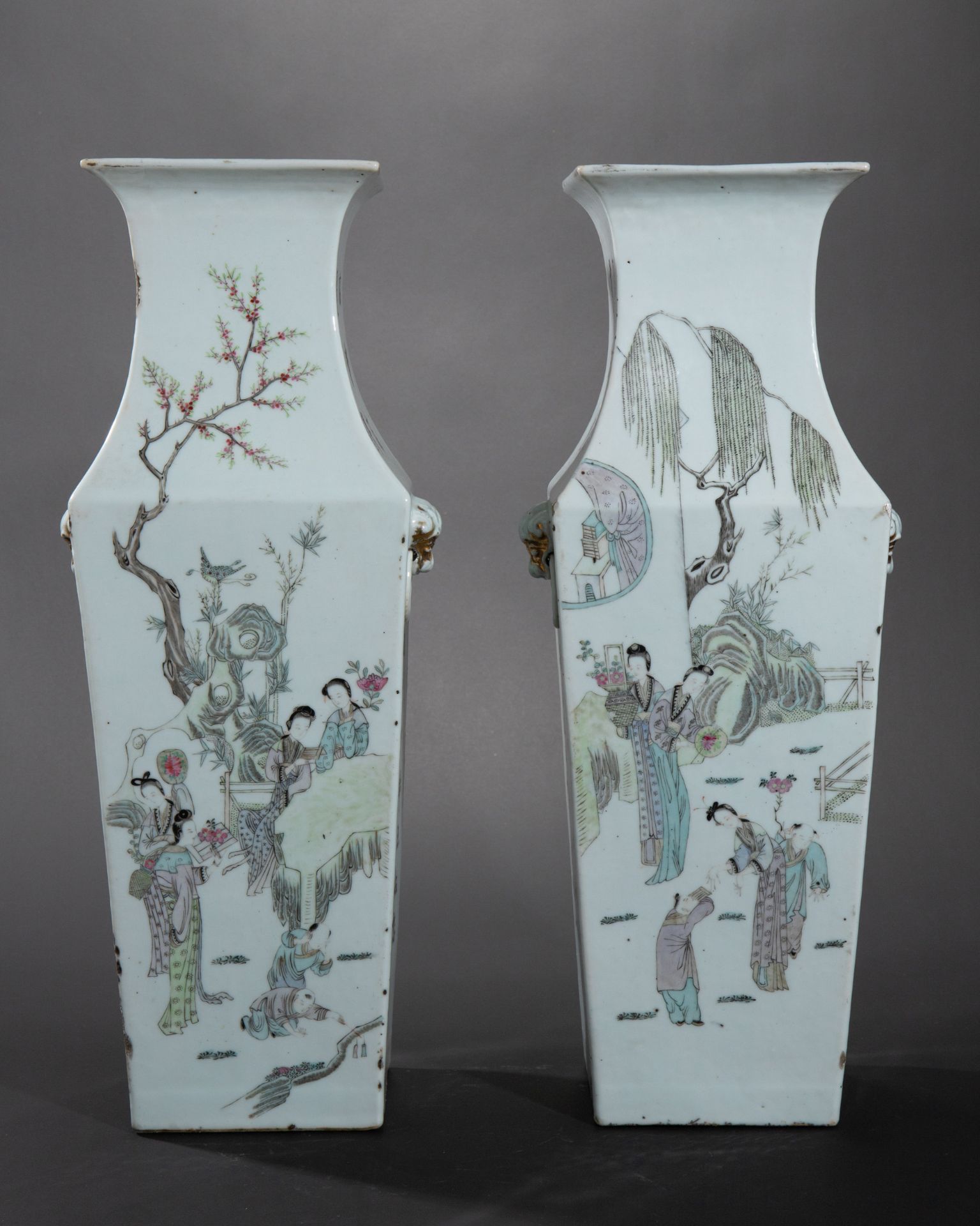 Two double decor Qianjiangcai vases with figures, landscape and architecture - Image 2 of 12