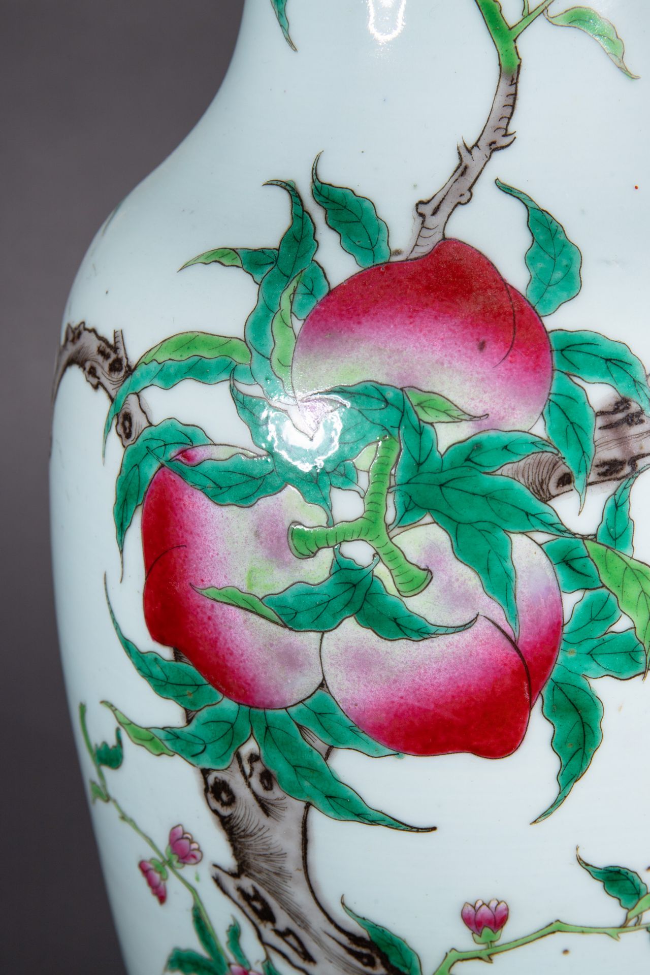 Famille Rose Vase with nine peaches and Lingzhi mushrooms - Image 2 of 10