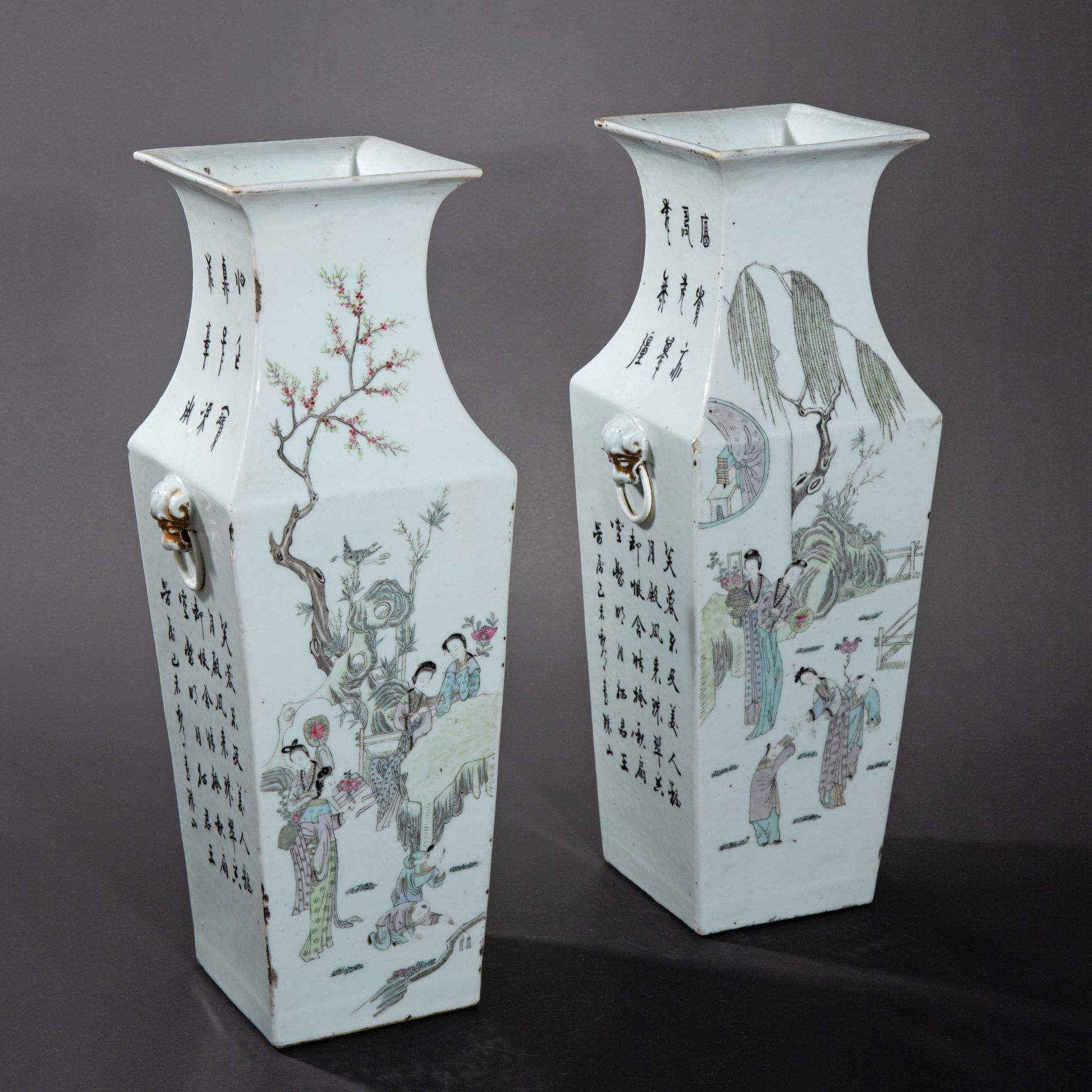 Two double decor Qianjiangcai vases with figures, landscape and architecture