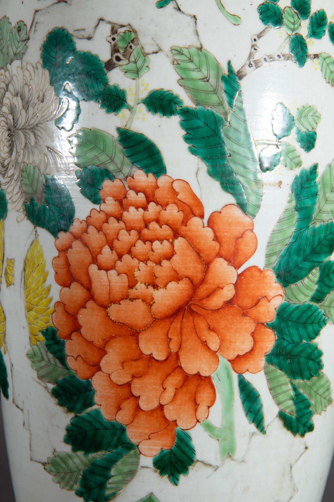 Large floor vase with peaches, peonies and writing, China - Image 2 of 7