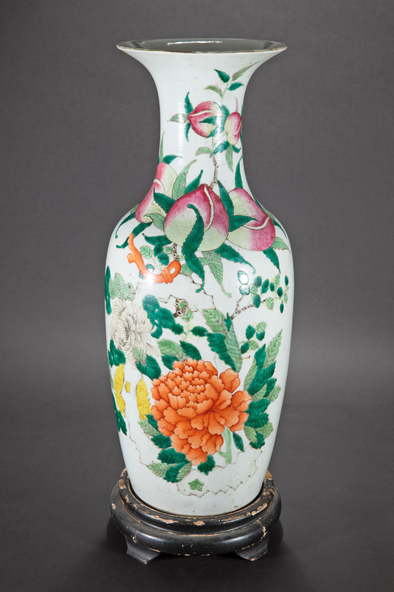 Large floor vase with peaches, peonies and writing, China