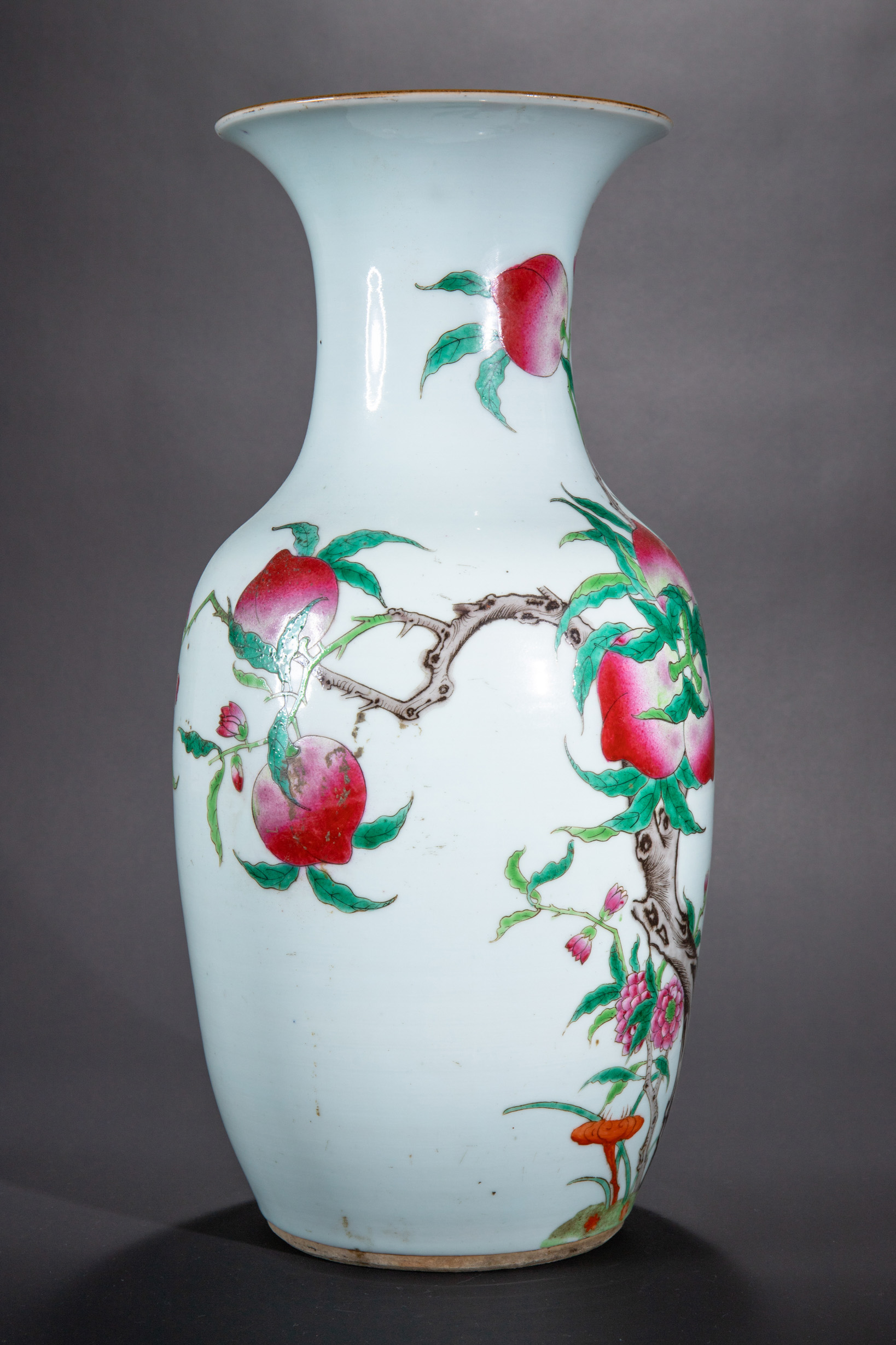 Famille Rose Vase with nine peaches and Lingzhi mushrooms - Image 4 of 10