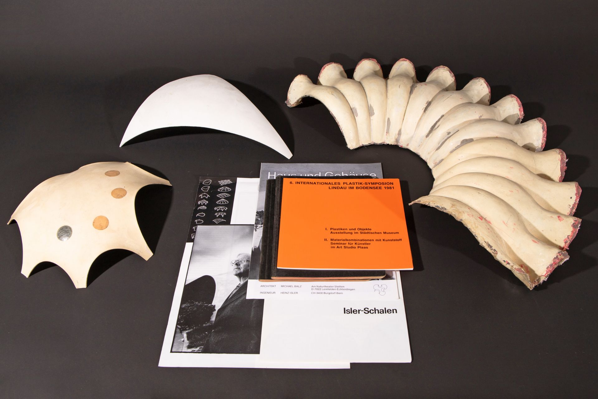 Heinz Isler, 3 models of organic prestressed concrete shells, 2 notebooks, advertising material