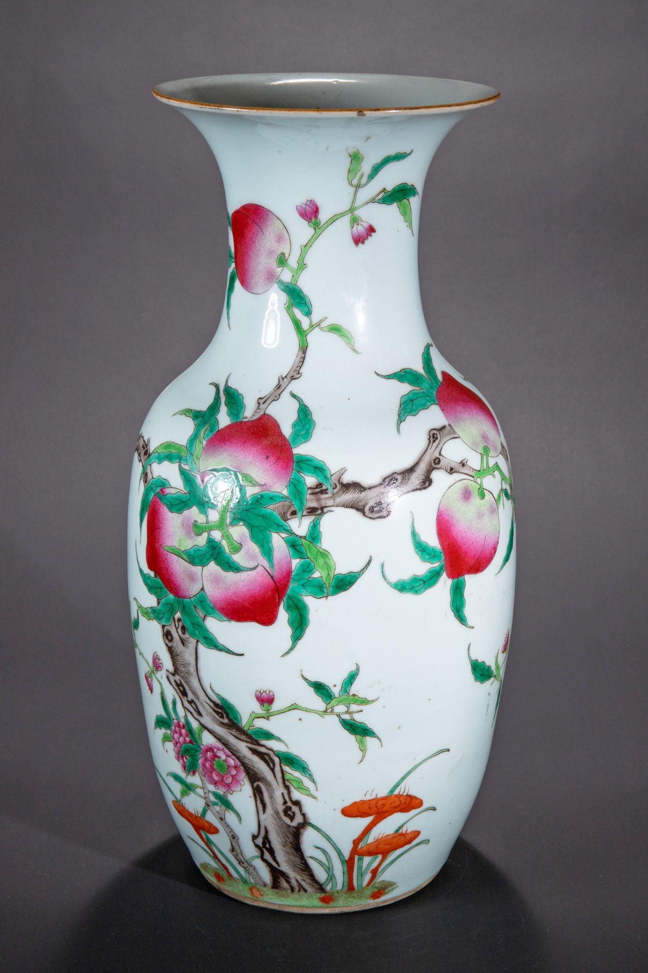 Famille Rose Vase with nine peaches and Lingzhi mushrooms