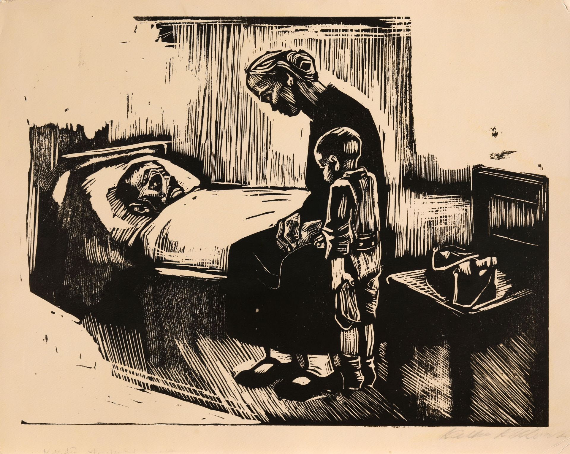 Käthe Kollwitz, Besuch im Krankenhaus, 1929, Holzschnitt