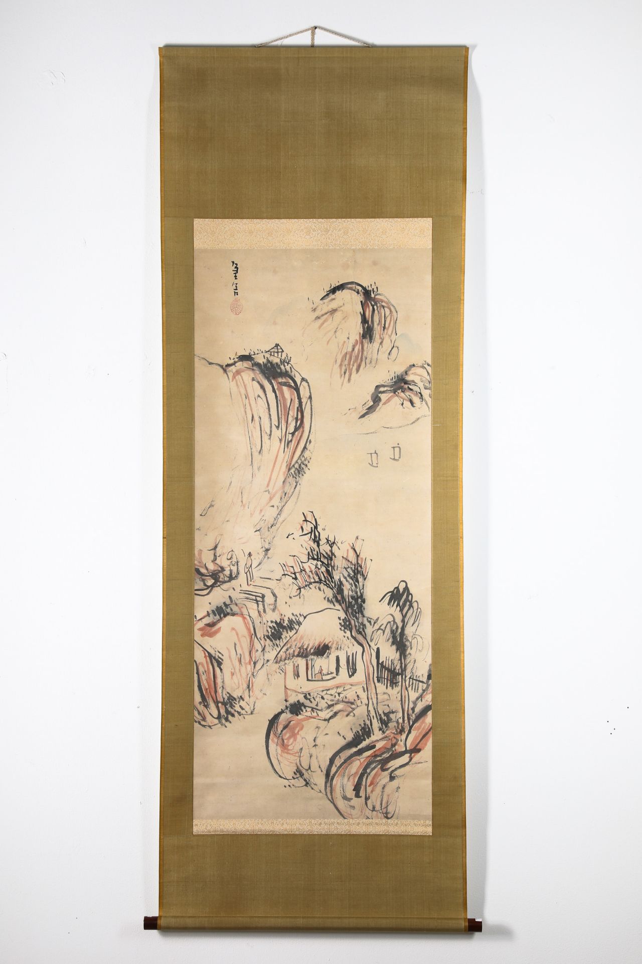 4 scroll paintings: landscape, dragon, figure in fire, warriors with bows (63, 136, 115, 96) - Image 8 of 10