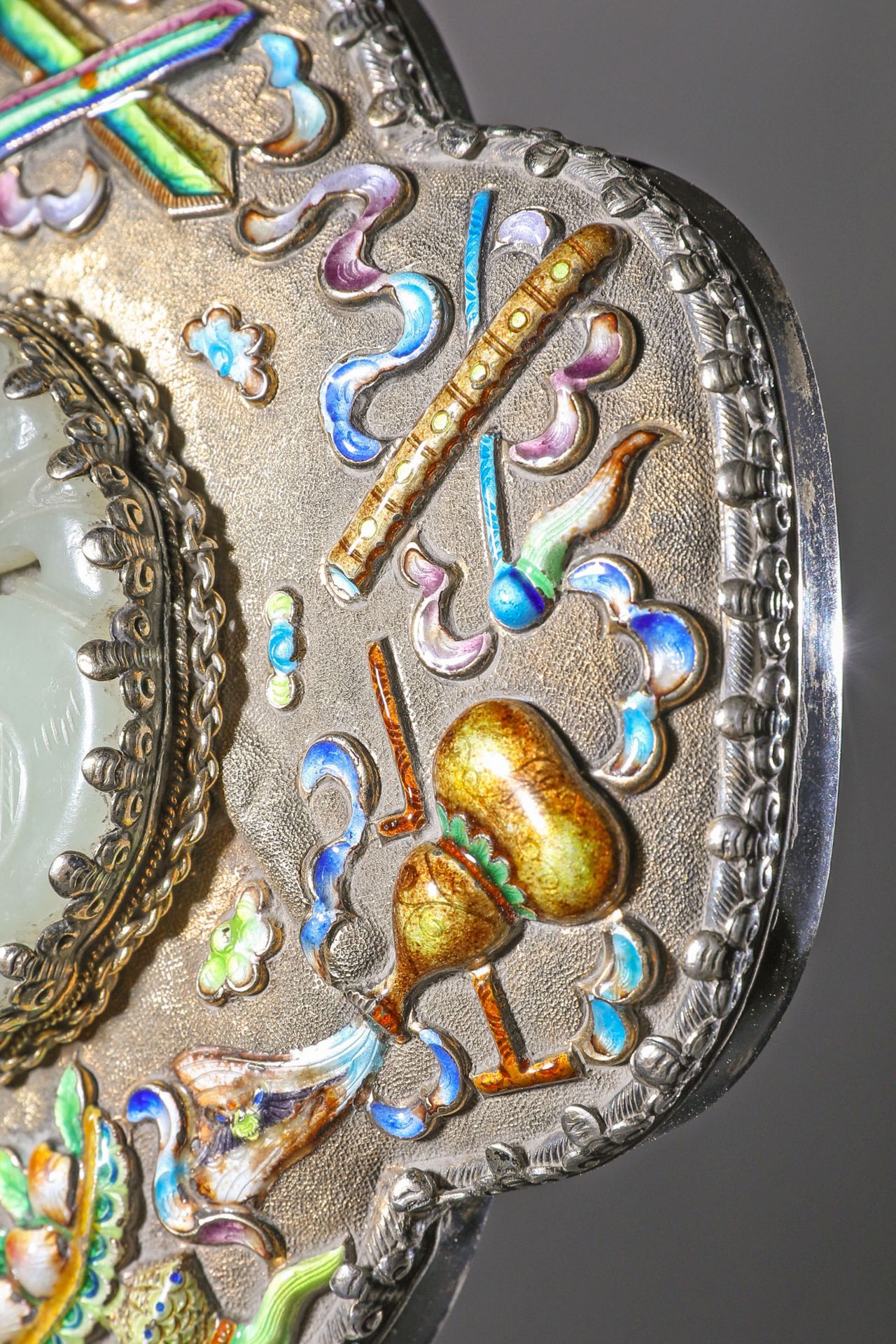 Hand mirror, silver, enamel, jade, bone, China - Image 8 of 9