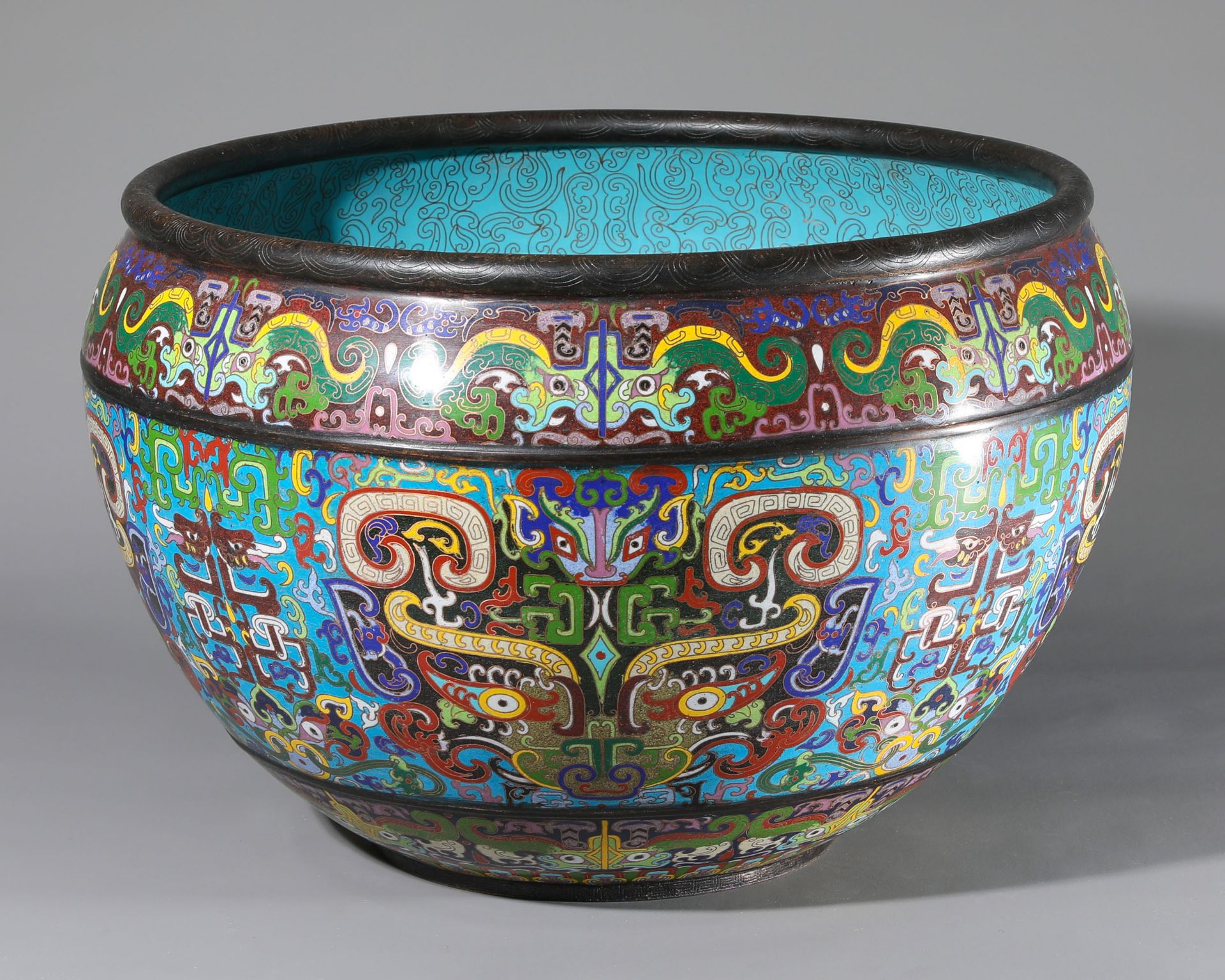 Large Cloisonné bowl with Taotie masks and tendrils