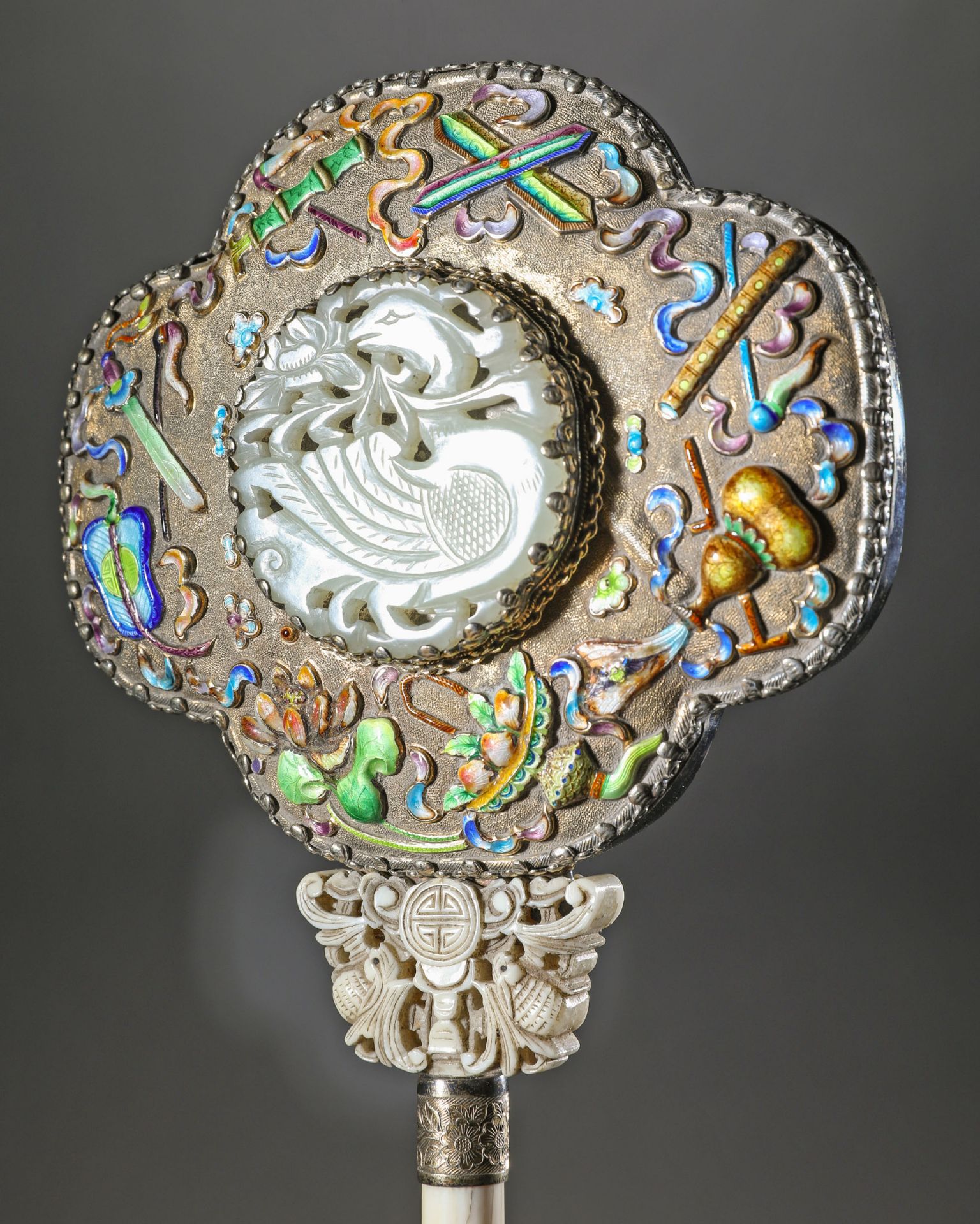 Hand mirror, silver, enamel, jade, bone, China - Image 7 of 9