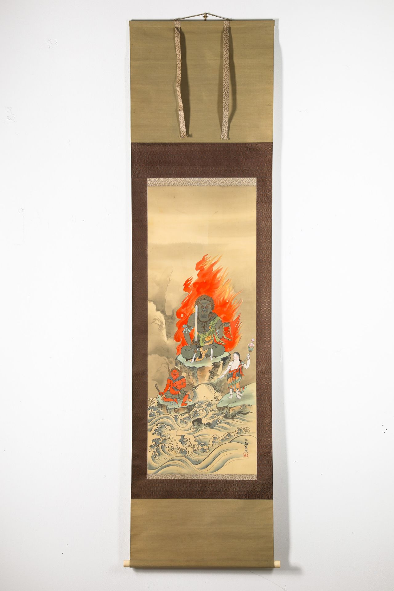 4 scroll paintings: landscape, dragon, figure in fire, warriors with bows (63, 136, 115, 96) - Image 6 of 10