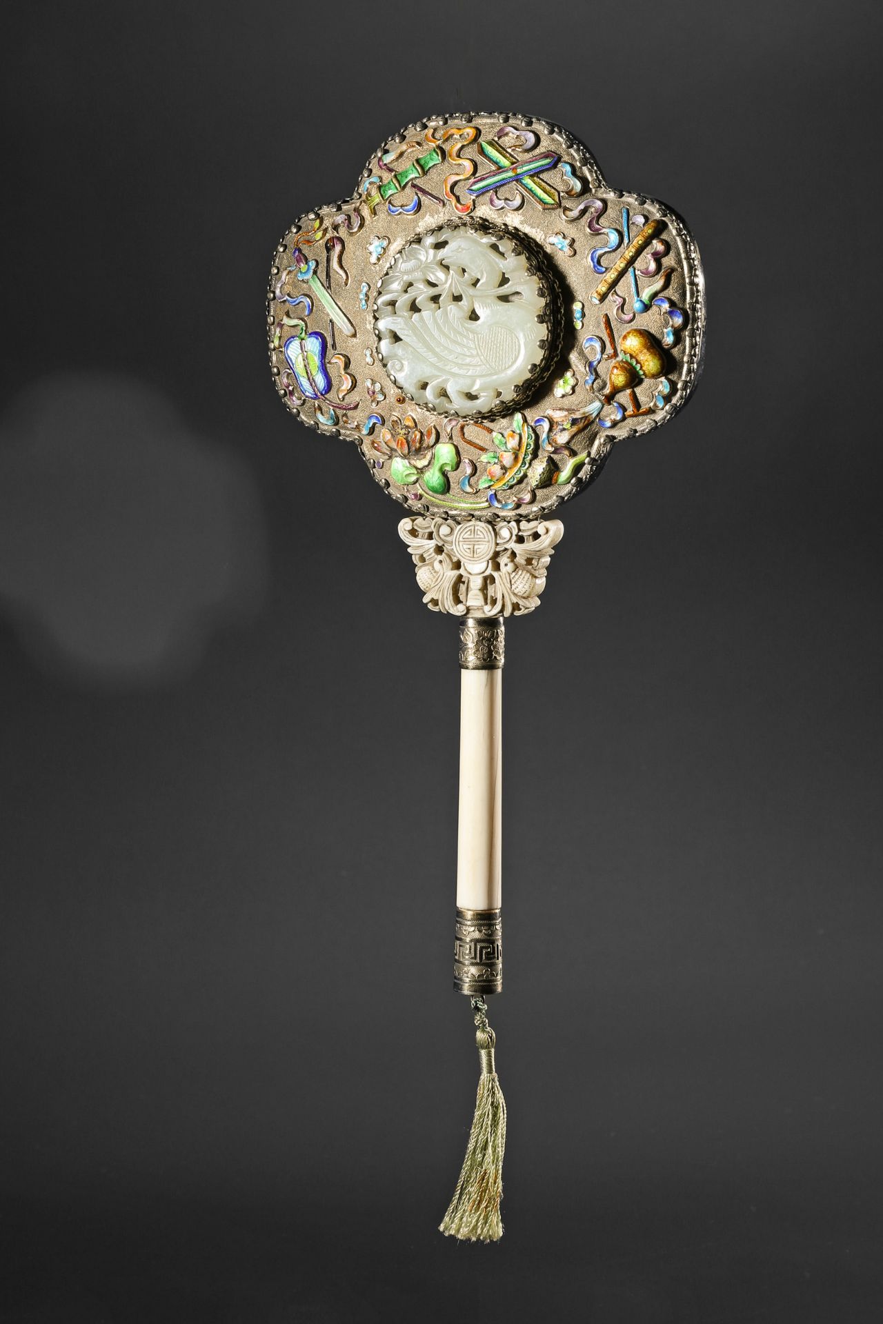 Hand mirror, silver, enamel, jade, bone, China