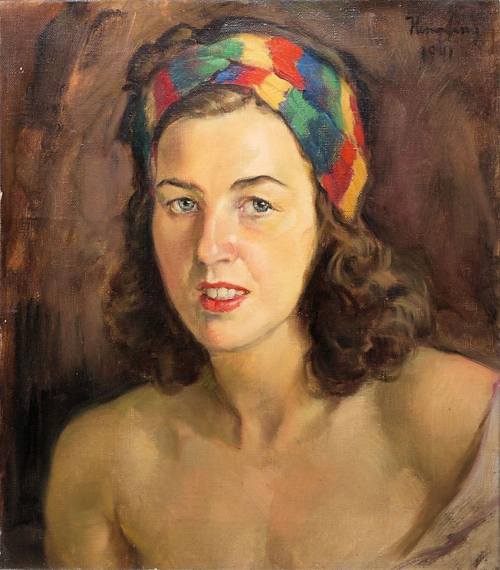 Wilhelm Hempfing, Portrait of a Beautiful Woman with a Colourful Hair Scarf, oil painting from 1941 - Image 2 of 4