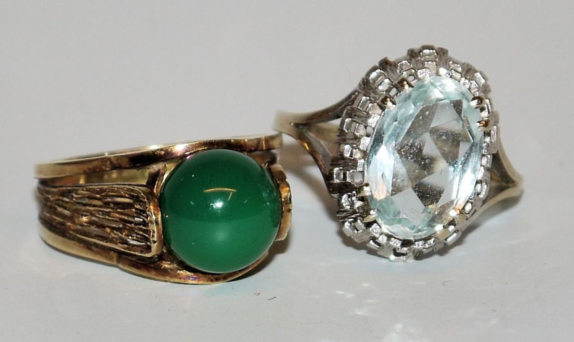 Aquamarine ring and jade ring, gold, circa 1970