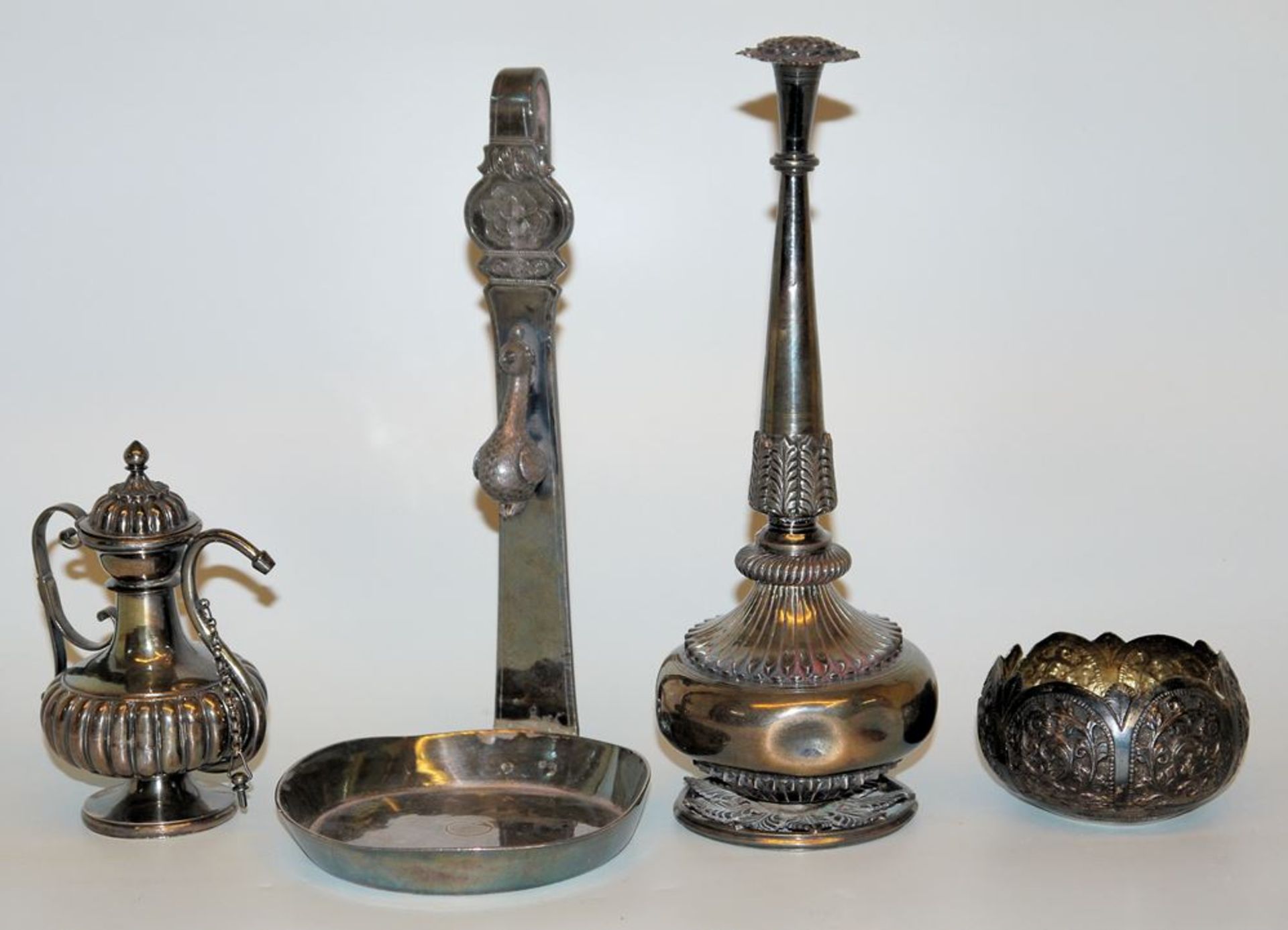 Silver hanging oil lamp, rose water sprinkler, perfume jug and bowl, silver, India 19th cent.