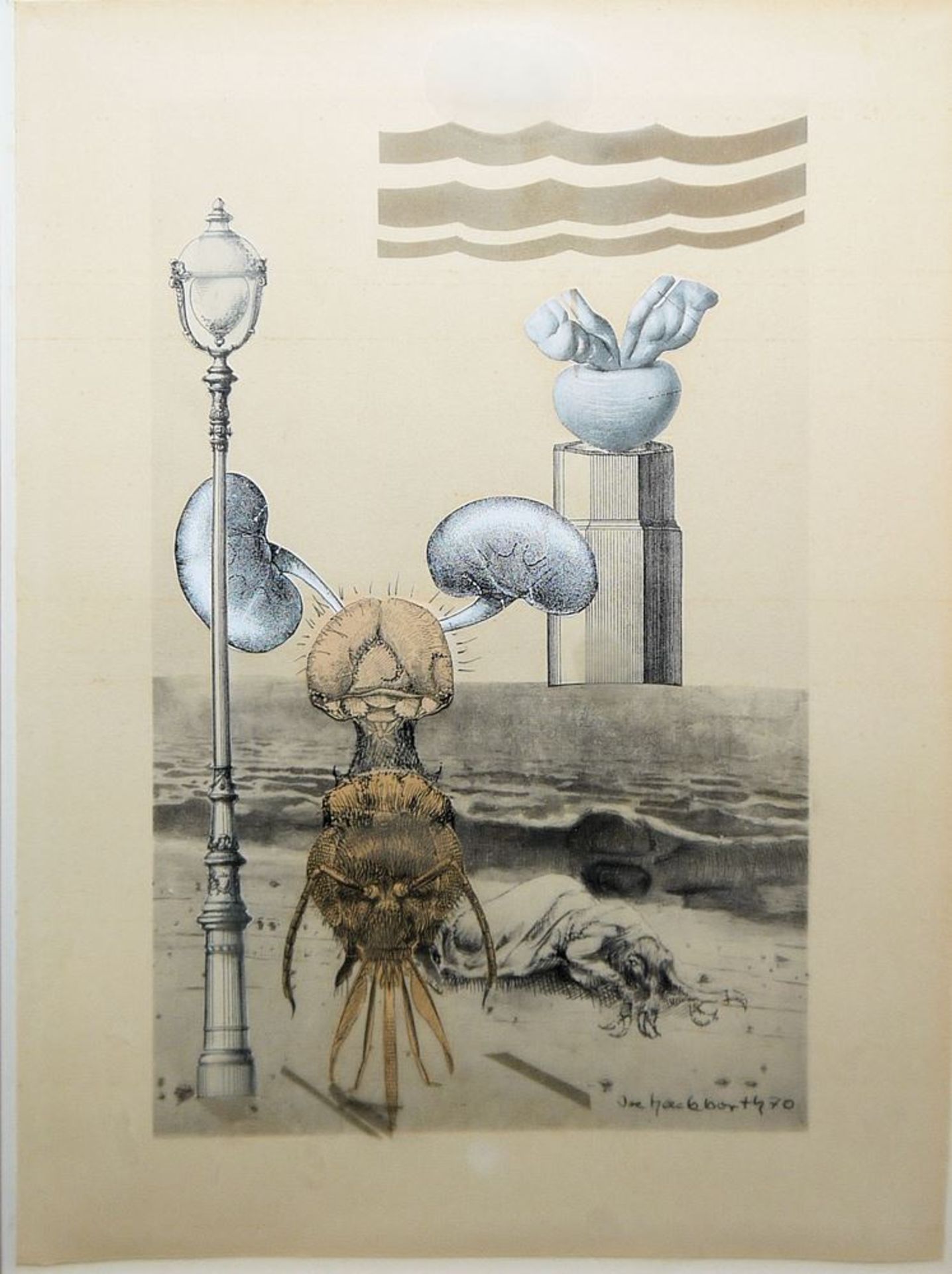 Joe Hackbarth, Sea Creatures with Street Lamp and Kidneys, surreal collage from 1970, framed - Image 3 of 3