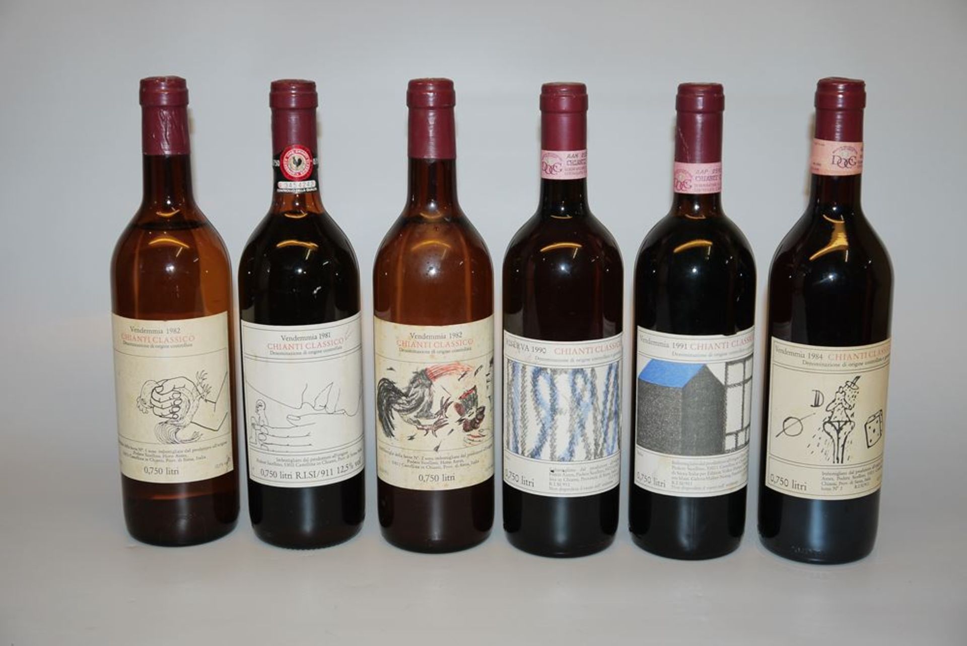 Horst Antes, 6 bottles of red wine from his own vineyard in Chianti with artist labels