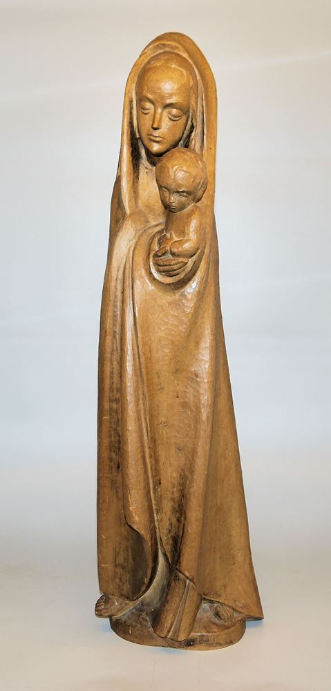 Monogrammed sculptor, Mother of God with the boy Jesus, wooden sculpture, mid-20th century