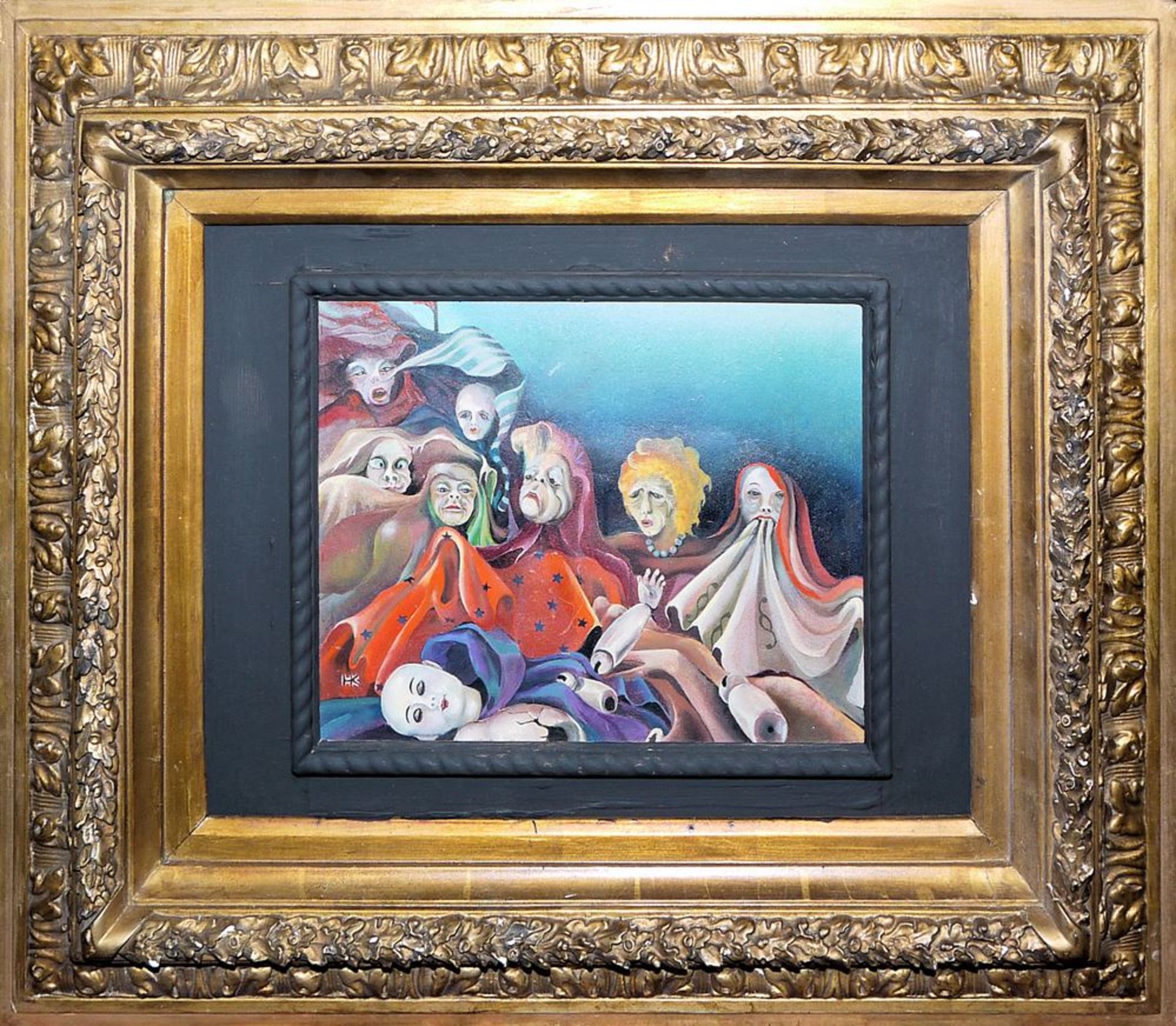 Monogramist HK from 1978, "Emanzen", oil painting in a splendid stucco frame of the 19th century