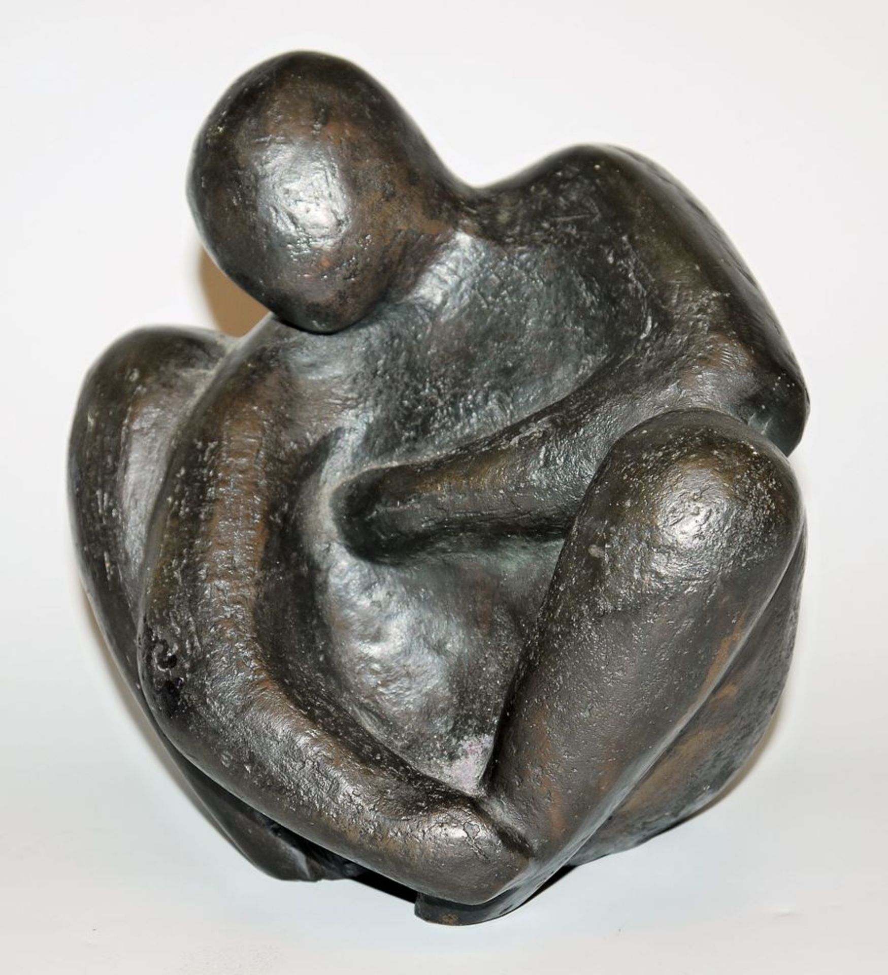 Monogramist EM, Crouching, cubic closed figure, bronze sculpture