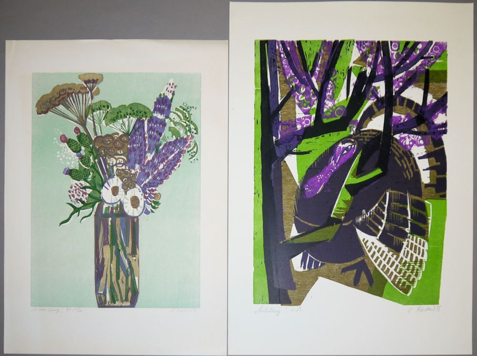 Heinz Friedrich, Flower Still Lifes, Figures and Town Views, a watercolour & 8 coloured woodcuts, 1 - Image 3 of 6